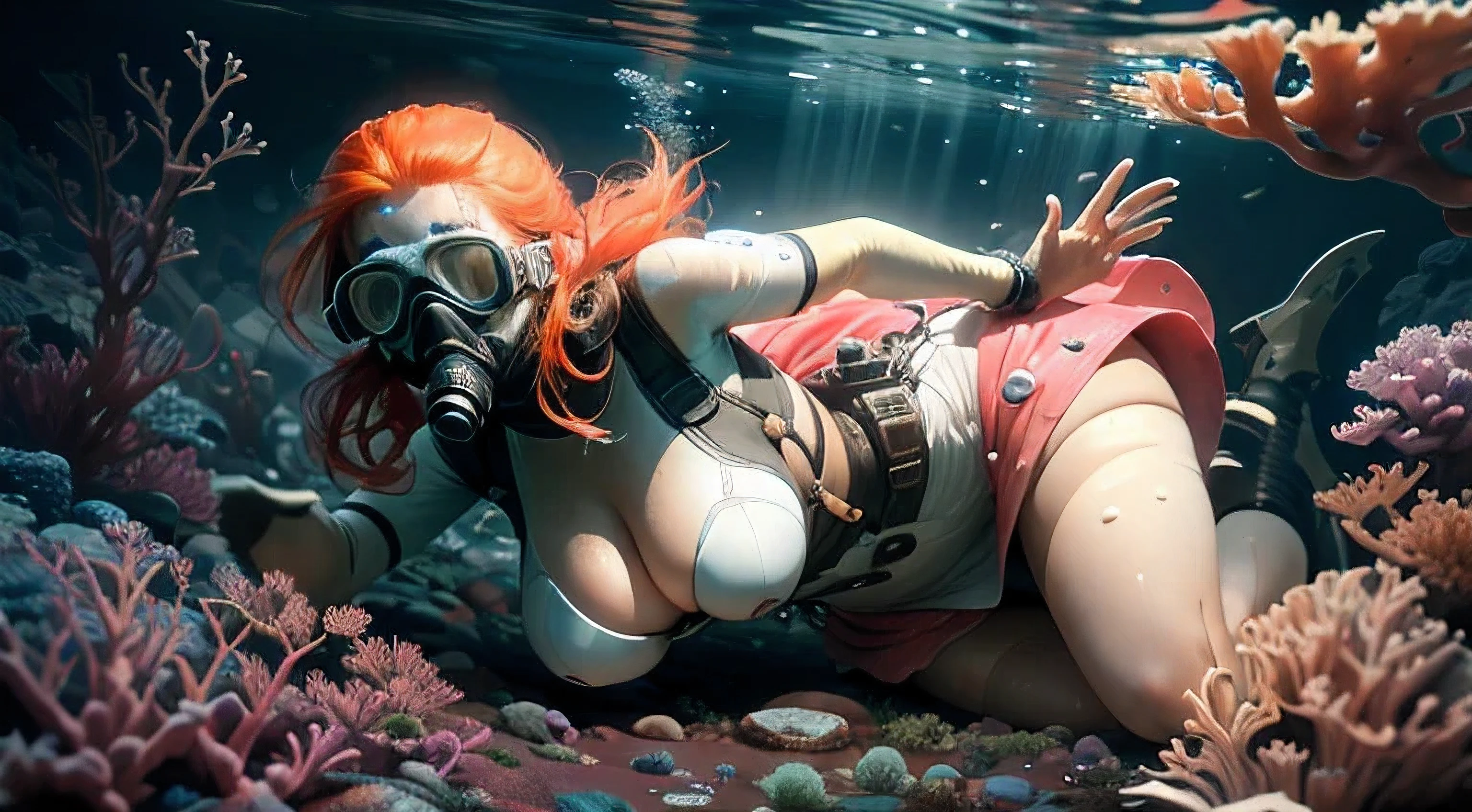 (Masterpiece, Best Quality:1.3), highres, (8k resolution), (ultra-detailed:1.1), madgod, stop motion, very nice redhead girl with enormous visible breasts plays with her satisfier toy underwater on the bottom of the ocean with loads of coral around her. She is wearing a white, very short dress that shines through underwater. she is wearing divers gear to stay underwater. photorealistic 1.4, naughty 1.4, dirty 1.2