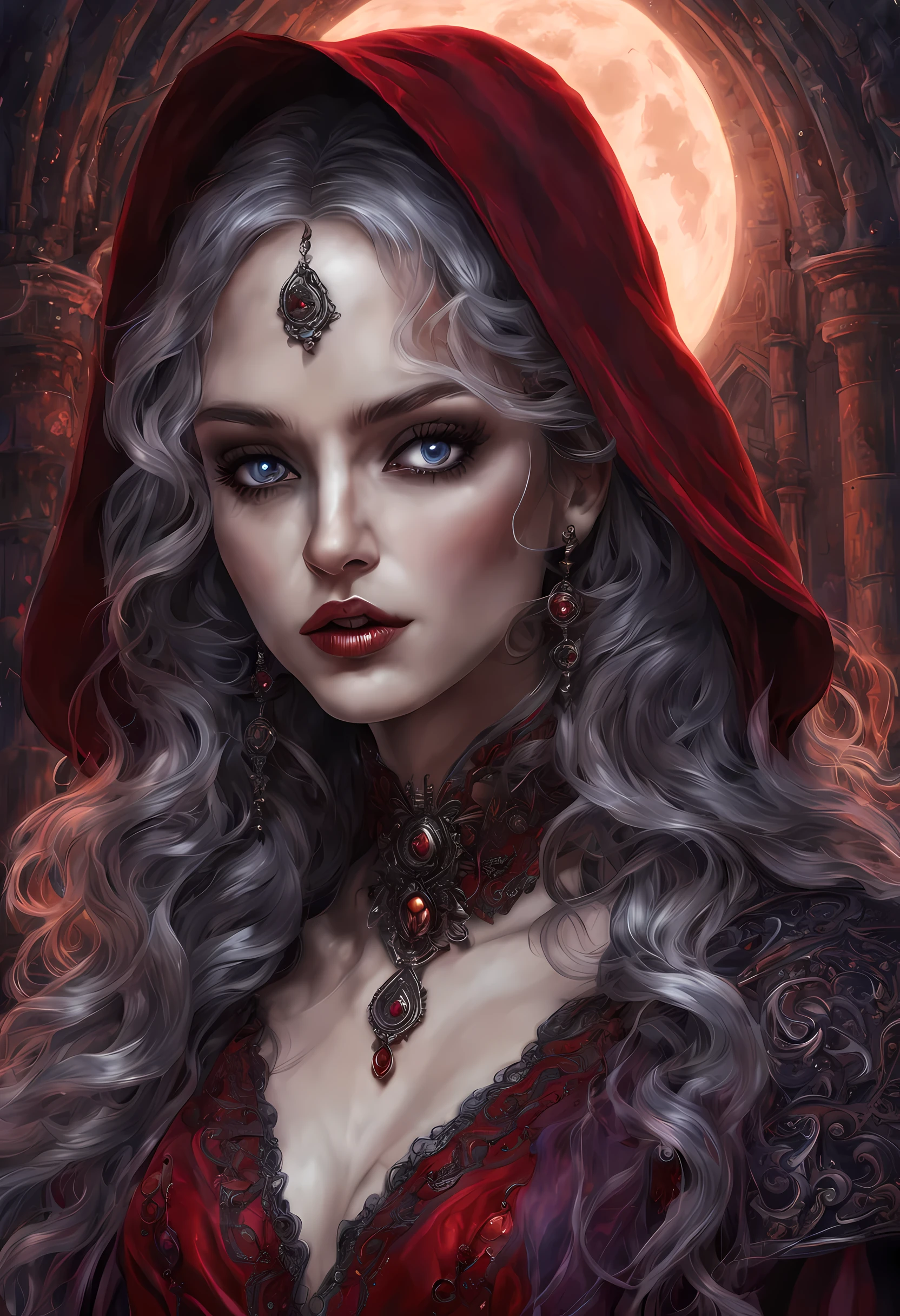 fantasy art, gothic art, (masterpiece:1.5), full body best details, highly detailed, best quality, Glowing Purple, highres, full body portrait of a vampire, elf (Masterpiece, best quality: 1.6), ultra feminine, wizard, (intricate details, Masterpiece, best quality: 1.5) with a long curvy hair, light color hair, blue eyes, (fantasy art, Masterpiece, best quality), ((beautiful delicate face)), Ultra Detailed Face (intricate details, fantasy art, Masterpiece, best quality: 1.5), [[vampiric fangs 1.5]] (red cloak: 1.3) , flowing cloak (intricate details, fantasy art, Masterpiece, best quality: 1.3), wearing an intricate black dress (intricate details, fantasy art, Masterpiece, best quality: 1.5), high heeled boots, urban background (intense details, beat details), fantasy, at night light, natural ,moon light, clouds, gothic atmosphere, soft light, dynamic light, [[anatomically correct]], high details, best quality, 8k, [ultra detailed], masterpiece, best quality, (extremely detailed), dynamic angle