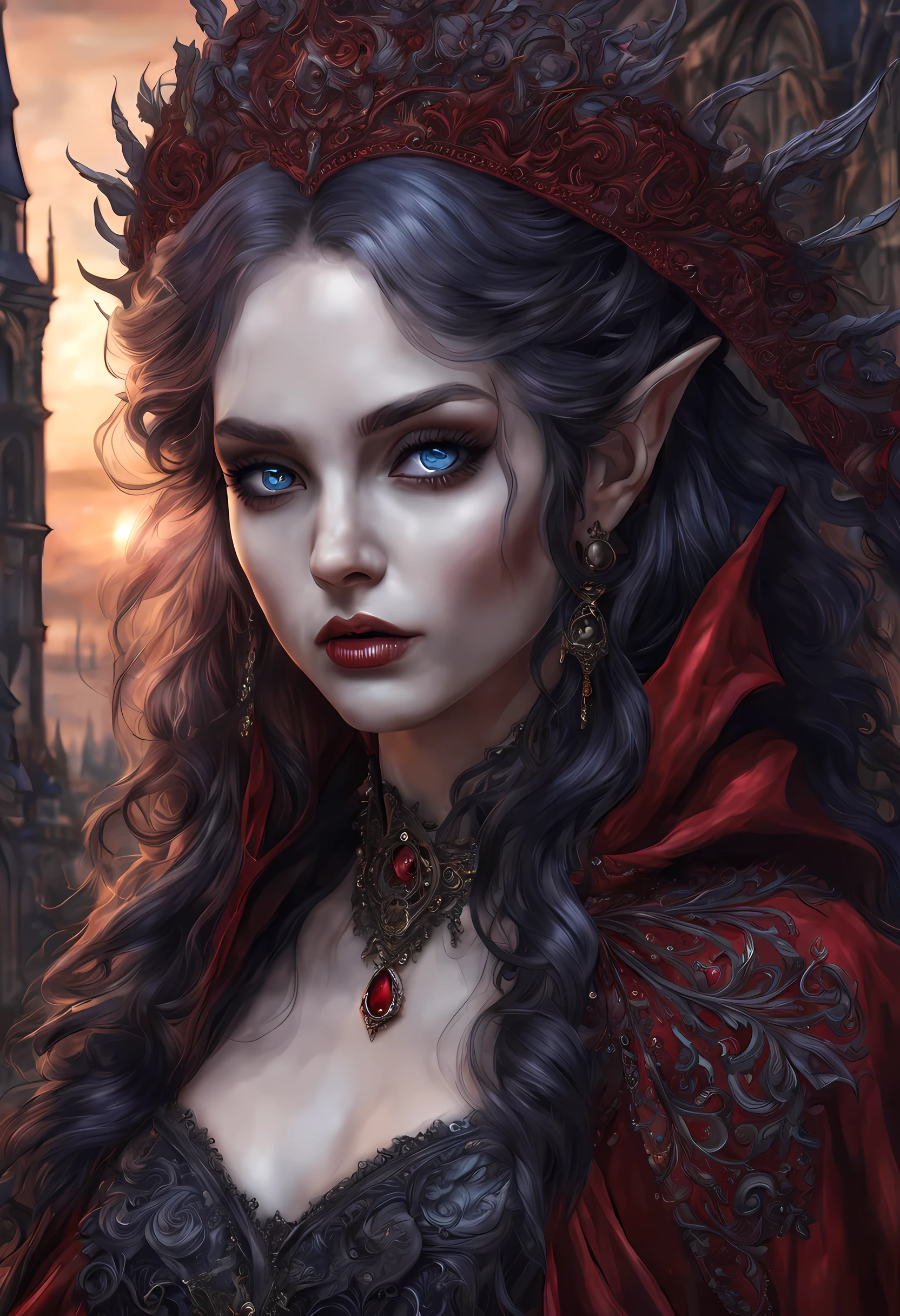 fantasy art, gothic art, (masterpiece:1.5), full body best details, highly detailed, best quality, Glowing Purple, highres, full body portrait of a vampire, elf (Masterpiece, best quality: 1.6), ultra feminine, wizard, (intricate details, Masterpiece, best quality: 1.5) with a long curvy hair, light color hair, blue eyes, (fantasy art, Masterpiece, best quality), ((beautiful delicate face)), Ultra Detailed Face (intricate details, fantasy art, Masterpiece, best quality: 1.5), [[vampiric fangs 1.5]] (red cloak: 1.3) , flowing cloak (intricate details, fantasy art, Masterpiece, best quality: 1.3), wearing an intricate black dress (intricate details, fantasy art, Masterpiece, best quality: 1.5), high heeled boots, urban background (intense details, beat details), fantasy, at night light, natural ,moon light, clouds, gothic atmosphere, soft light, dynamic light, [[anatomically correct]], high details, best quality, 8k, [ultra detailed], masterpiece, best quality, (extremely detailed), dynamic angle