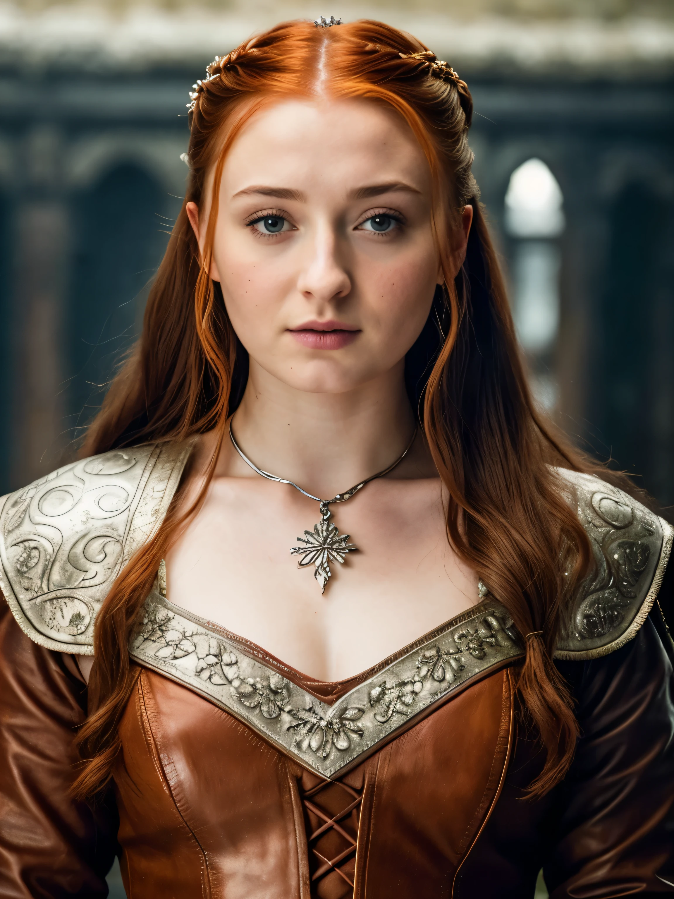 Foto RAW, Sansa Stark PLAYED BY SOPHIE TURNER Ned and Cat's oldest daughter. Demure and ladylike, her dream to marry Prince Joffrey. Her direwolf named Lady , Game of Thrones Series, (pele altamente detalhada: 1.2), 8k UHD, DSLR, soft-lighting, alta qualidade, grain of film, Fujifilm XT3