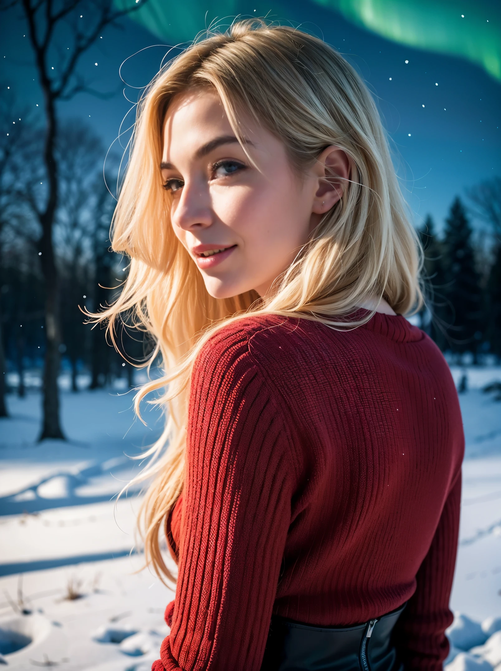 Generate an image where the bottom third represents a blurred foreground, full of red roses. The middle third should highlight the main subject sharply. while the top third should depict the background. Ensure adherence to these proportions and maintain a visually smooth transition between the different parts of the image. Main subject: an ultra hot gorgeous European woman, age 23, blonde wavy hair, outside, leaning forward, smelling the roses with a smile on her face. Background: a snowy village by a winter starry night, northern lights in the sky.