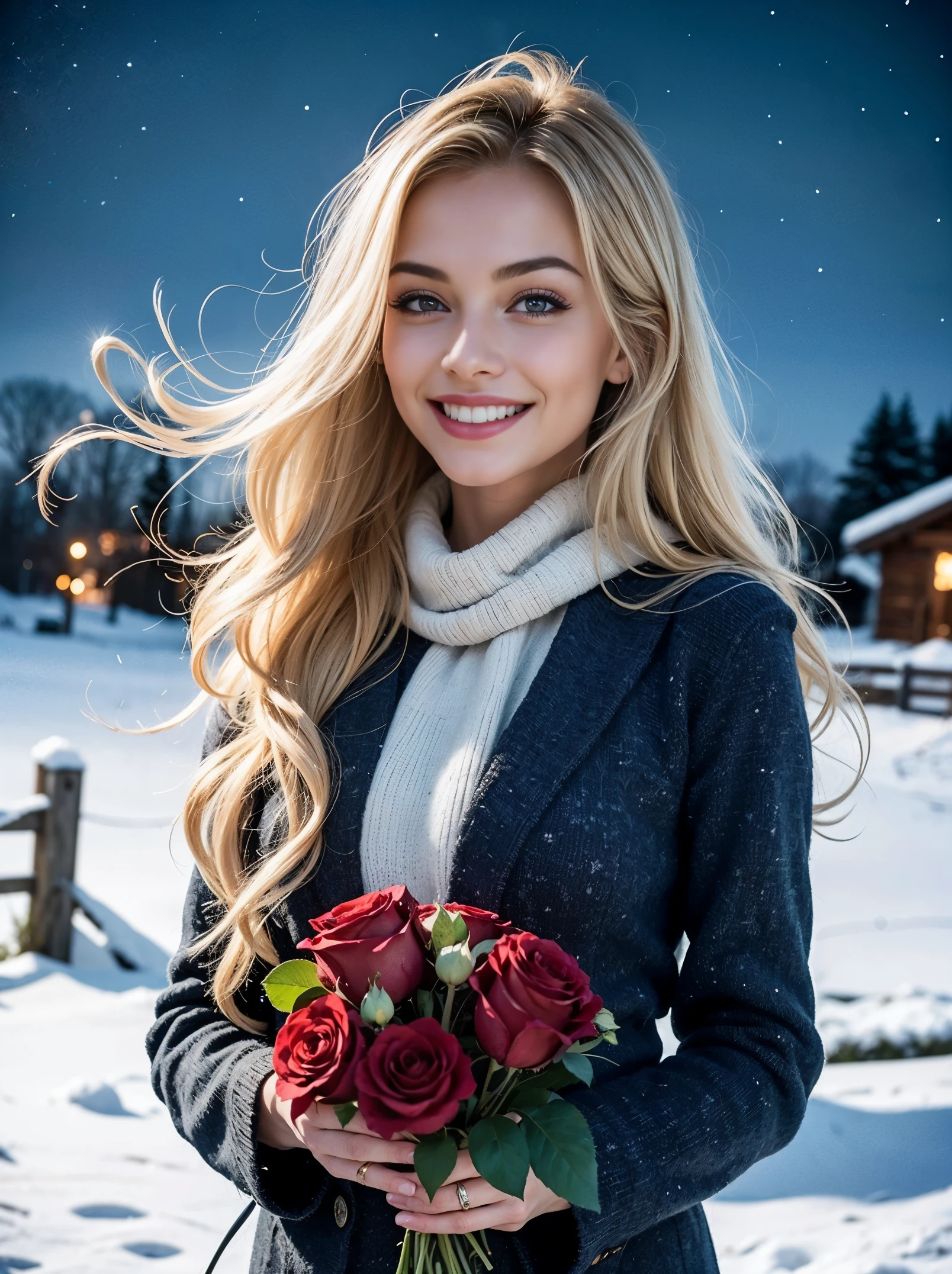 Generate an image where the bottom third represents a blurred foreground, full of red roses. The middle third should highlight the main subject sharply. while the top third should depict the background. Ensure adherence to these proportions and maintain a visually smooth transition between the different parts of the image. Main subject: an ultra hot gorgeous European woman, age 23, blonde wavy hair, outside,  leaning forward, smelling the roses with a smile on her face. Background: a snowy village by a winter starry night, northern lights in the sky.