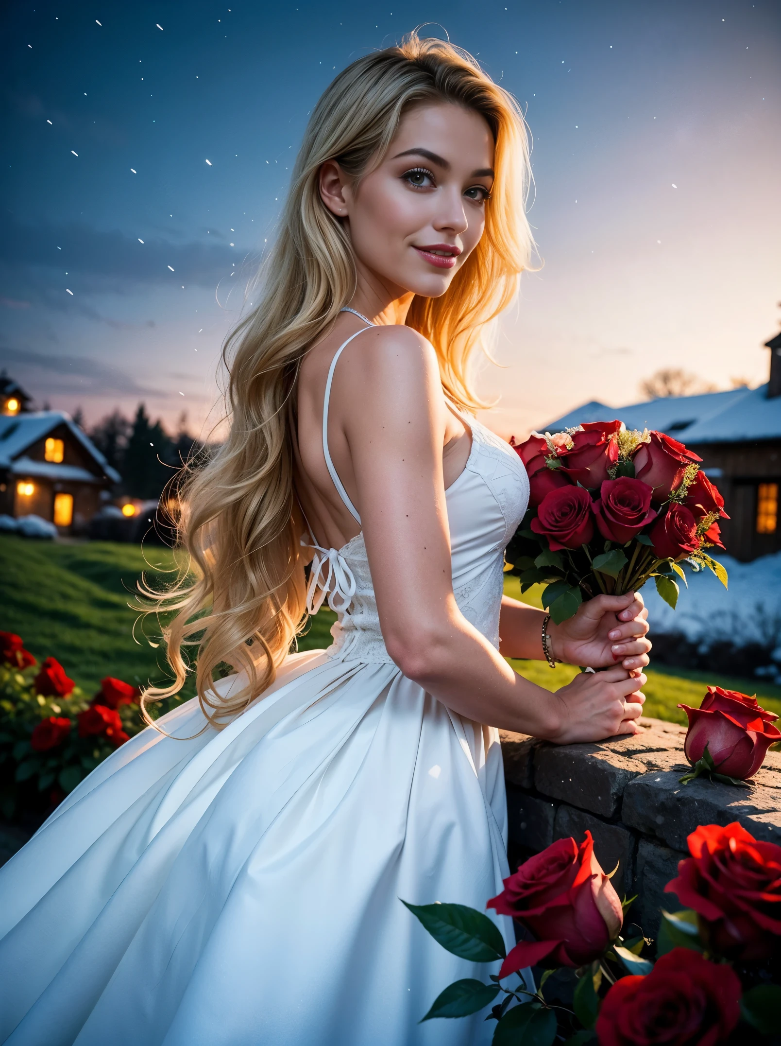 Generate an image where the bottom third represents a blurred foreground, full of red roses. The middle third should highlight the main subject sharply. while the top third should depict the background. Ensure adherence to these proportions and maintain a visually smooth transition between the different parts of the image. Main subject: an ultra hot gorgeous European woman, age 23, blonde wavy hair, outside, leaning forward, smelling the roses with a smile on her face. Background: a snowy village by a winter starry night, northern lights in the sky.