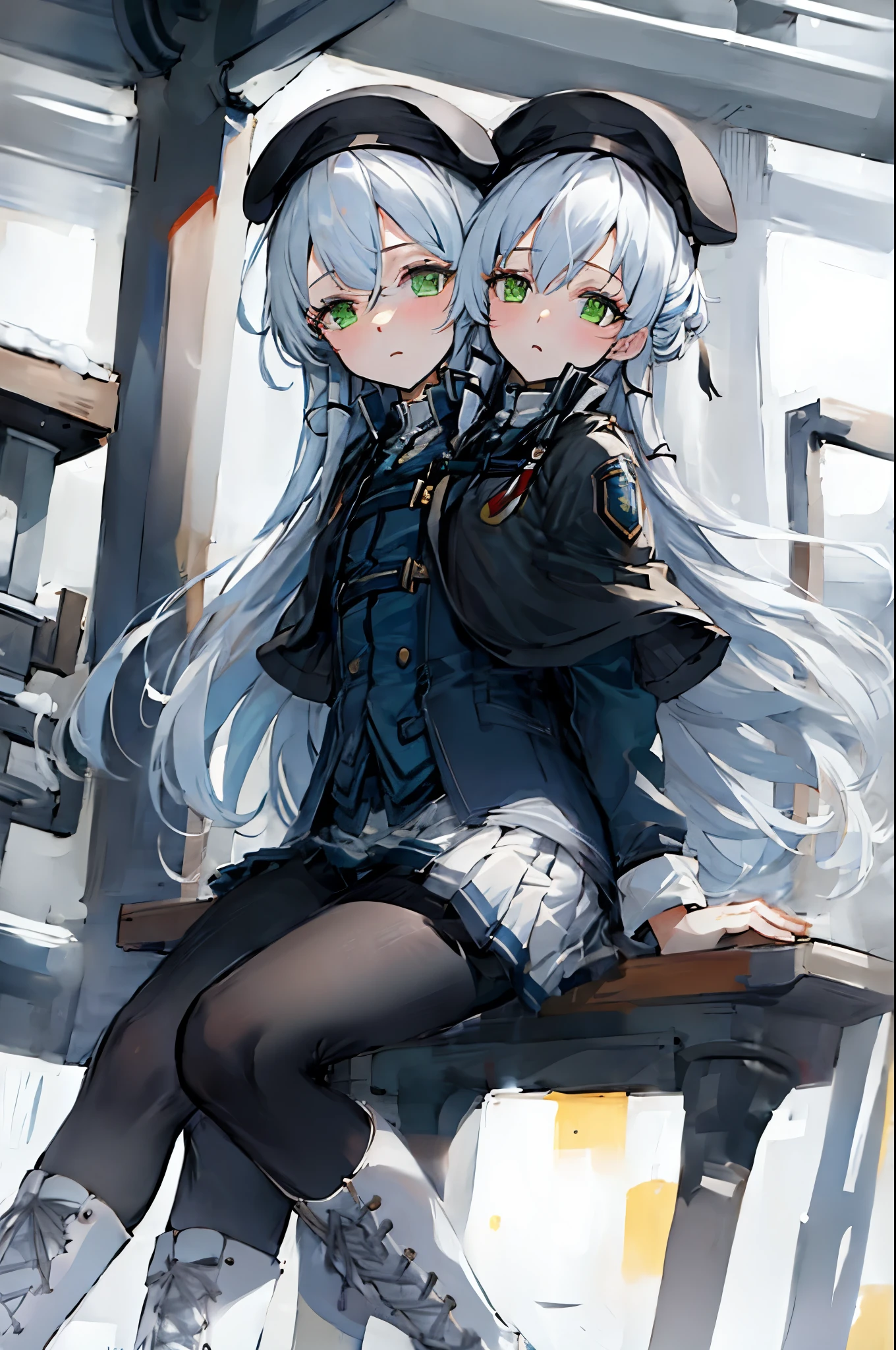 (2heads:1.5), (3d rendering:0.5),masterpiece,best quality,extremely detailed,Illustration, station, winter, sunshine,traffic light, bird, steam, snowing, close-up face,
1girl,  long hair,  white hair, solo, [full body], capelet, sitting, pantyhose, beret, hair between eyes,  green eyes, bangs, jacket, lace-up boots, miniskirt, white skirt,
apathetic, expressionless, looking at viewer,