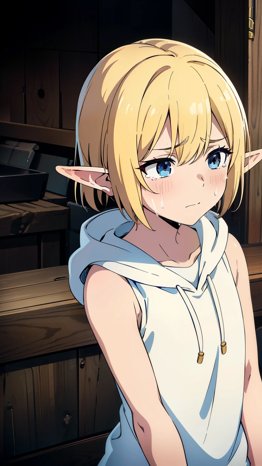 Highres, Masterpiece, Best quality at best,Best Quality,hight quality, hight detailed, 1boy, Shota, Elf ear, sleeveless hoodie, Cry, Was wiping her tears, ( boy), 12-ye-olys,