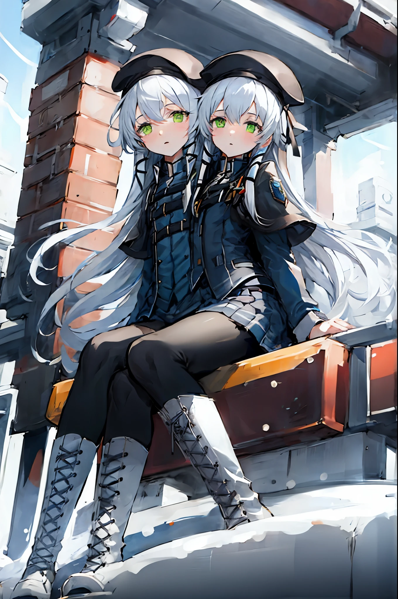 (2heads:1.5), (3d rendering:0.5),masterpiece,best quality,extremely detailed,Illustration, station, winter, sunshine,traffic light, bird, steam, snowing, close-up face,
1girl,  long hair,  white hair, solo, [full body], capelet, sitting, pantyhose, beret, hair between eyes,  green eyes, bangs, jacket, lace-up boots, miniskirt, white skirt,
apathetic, expressionless, looking at viewer,