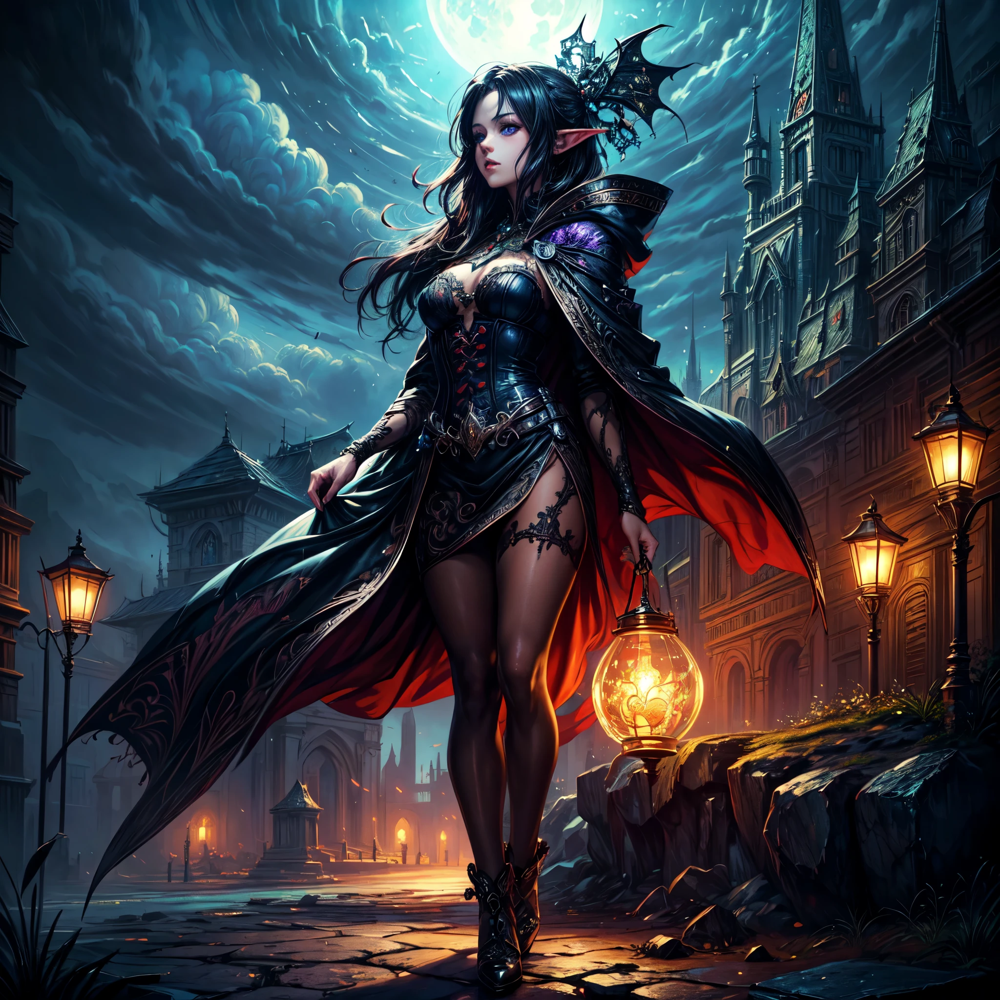 fantasy art, gothic art, (masterpiece:1.5), full body best details, highly detailed, best quality, , highres, full body portrait of a vampire, elf (Masterpiece, best quality: 1.6), ultra feminine, wizard, (intricate details, Masterpiece, best quality: 1.5) with a long curvy hair, light color hair, blue eyes, (fantasy art, Masterpiece, best quality), ((beautiful delicate face)), Ultra Detailed Face (intricate details, fantasy art, Masterpiece, best quality: 1.5), [[vampiric fangs 1.5]] (red cloak: 1.3) , flowing cloak (intricate details, fantasy art, Masterpiece, best quality: 1.3), wearing an intricate black dress (intricate details, fantasy art, Masterpiece, best quality: 1.5), high heeled boots, urban background (intense details, beat details), fantasy, at night light, natural ,moon light, clouds, gothic atmosphere, soft light, dynamic light, [[anatomically correct]], high details, best quality, 8k, [ultra detailed], masterpiece, best quality, (extremely detailed), dynamic angle, Glowing Purple