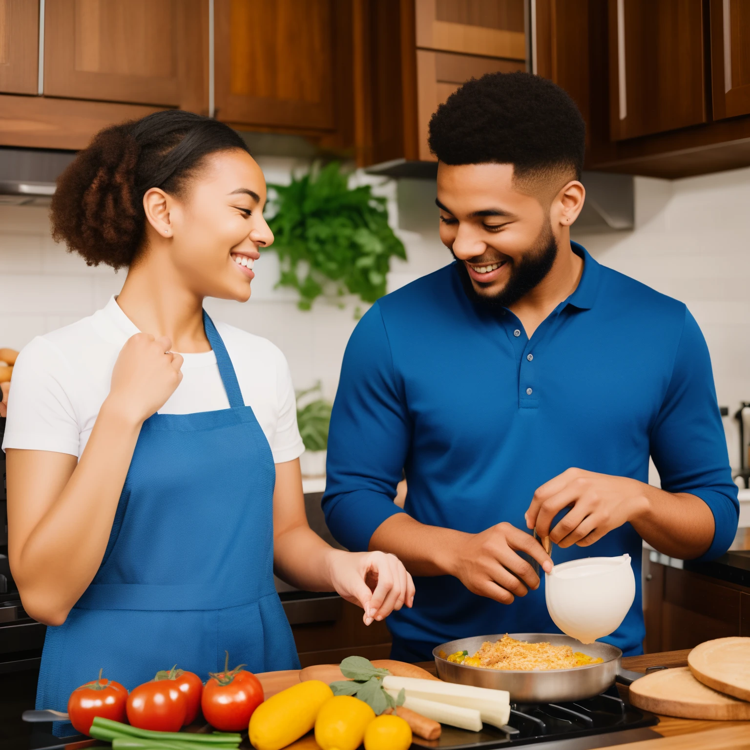 A couple laughing together while cooking or sharing a meal, simbolizando momentos de felicidade e cumplicidade no cotidiano