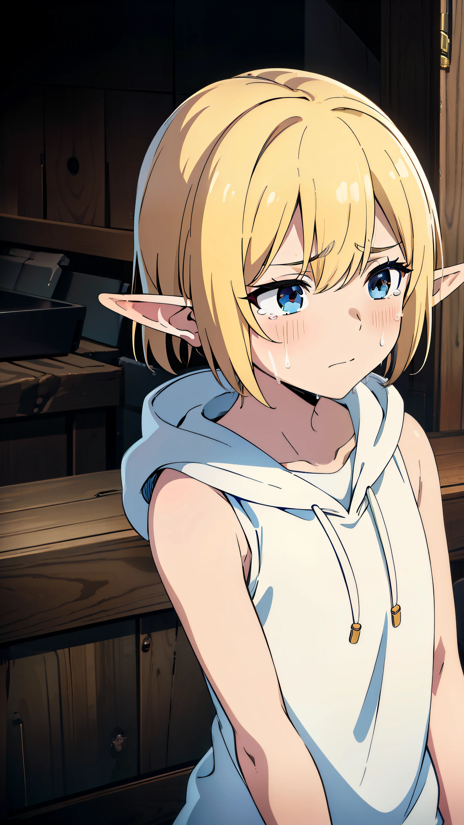 Highres, Masterpiece, Best quality at best,Best Quality,hight quality, hight detailed, 1boy, Shota, Elf ear, sleeveless hoodie, Cry, Was wiping her tears, (young boy), 12-year-old boys, 