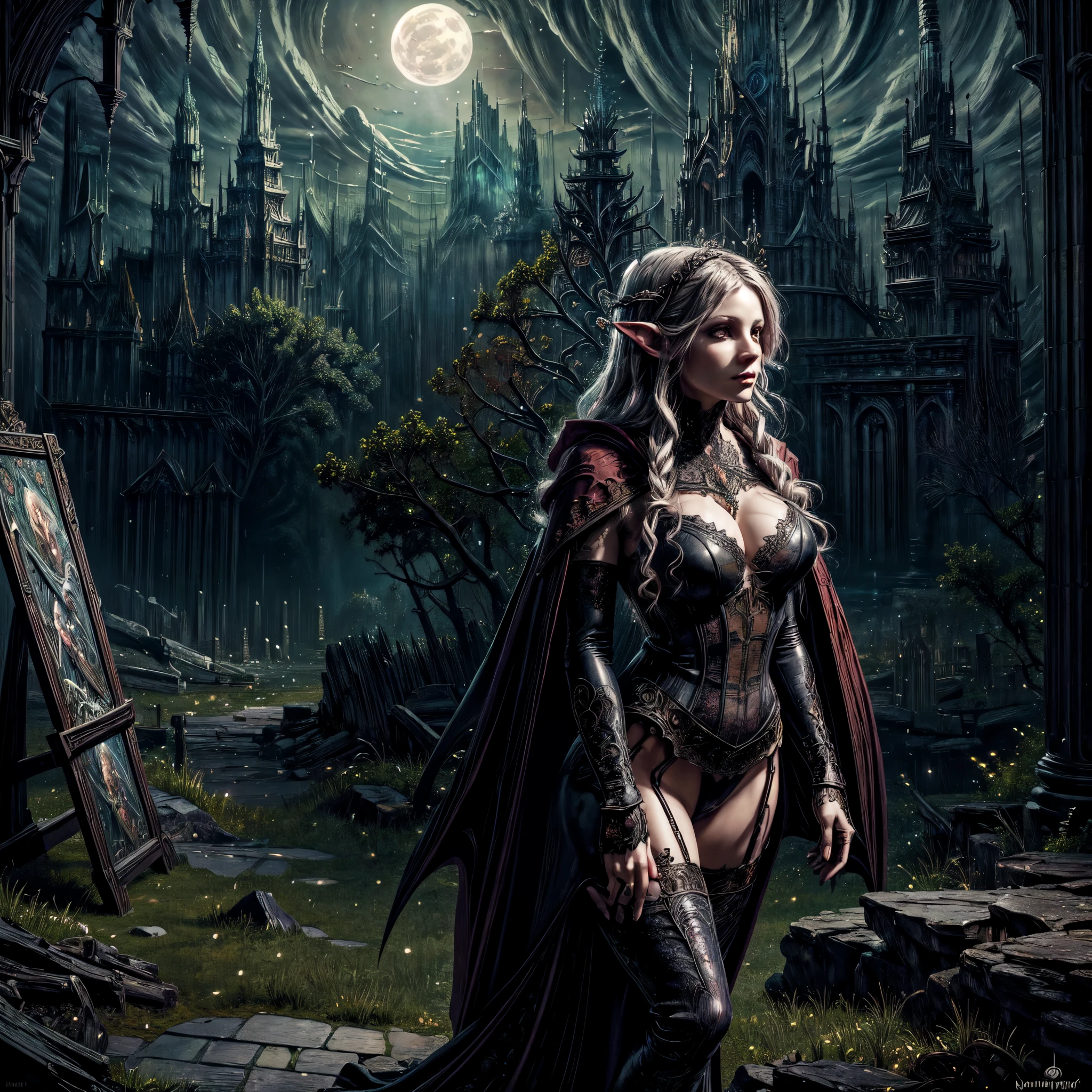 fantasy art, gothic art, (masterpiece:1.5), full body best details, highly detailed, best quality, Glowing Purple, highres, full body portrait of a vampire, elf (Masterpiece, best quality: 1.6), ultra feminine, wizard, (intricate details, Masterpiece, best quality: 1.5) with a long curvy hair, light color hair, blue eyes, (fantasy art, Masterpiece, best quality), ((beautiful delicate face)), Ultra Detailed Face (intricate details, fantasy art, Masterpiece, best quality: 1.5), [[vampiric fangs 1.5]] (red cloak: 1.3) , flowing cloak (intricate details, fantasy art, Masterpiece, best quality: 1.3), wearing an intricate black dress (intricate details, fantasy art, Masterpiece, best quality: 1.5), high heeled boots, urban background (intense details, beat details), fantasy, at night light, natural ,moon light, clouds, gothic atmosphere, soft light, dynamic light, [[anatomically correct]], high details, best quality, 8k, [ultra detailed], masterpiece, best quality, (extremely detailed), dynamic angle