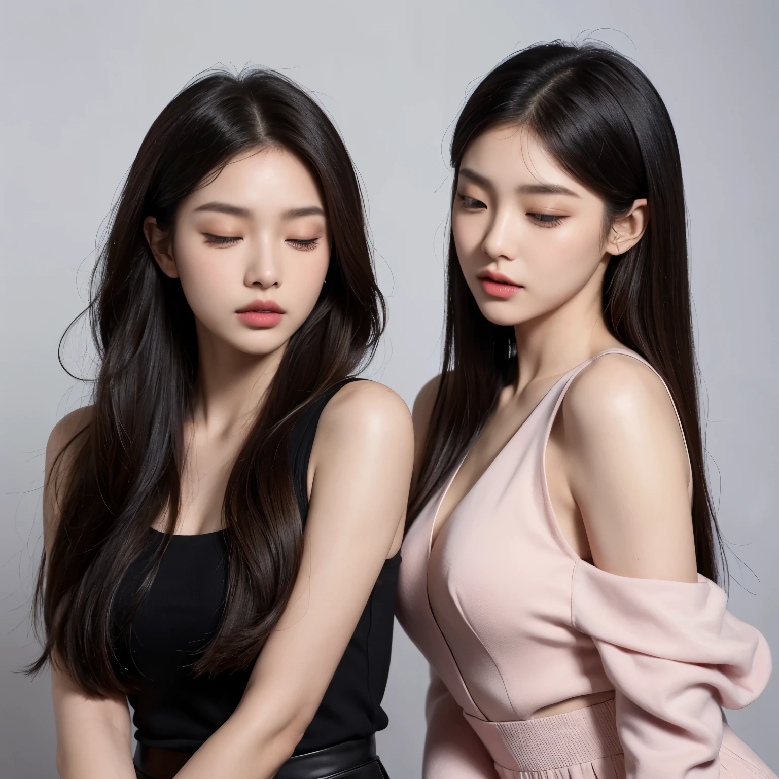 Kim Jennie y Jisoo de blackpink, with dark brown hair, piel bonita, piel suave, rostro detallado, symmetrical face, rostro serio, labios bonitos, labios gruesos, labios rosas, labios bonitos y rojiso, con los ojos cerrados, long eyelashes, maquillaje natural, staring at face with eyes closed with noticeable neck and shoulders