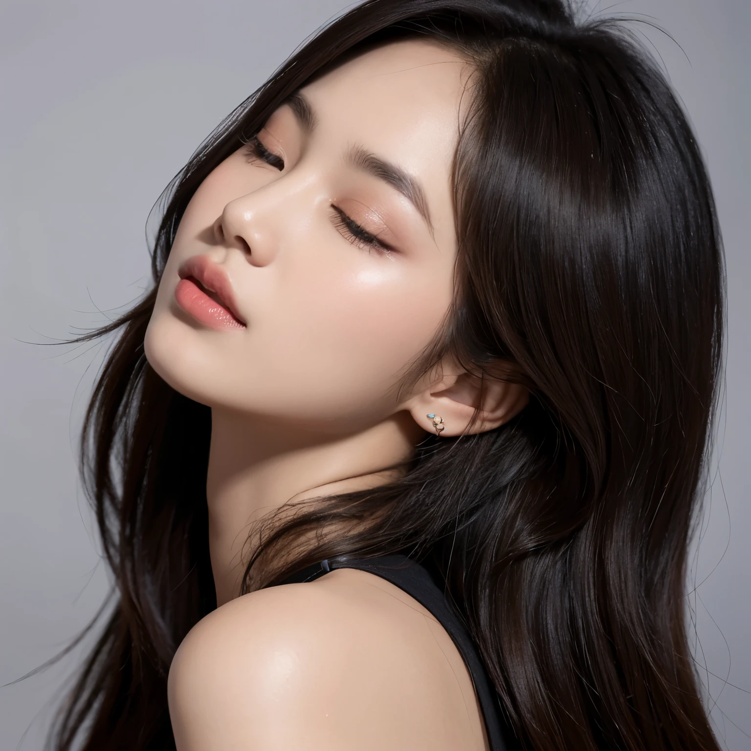 Kim Jennie y Jisoo de blackpink, with dark brown hair, piel bonita, piel suave, rostro detallado, symmetrical face, rostro serio, labios bonitos, labios gruesos, labios rosas, labios bonitos y rojiso, con los ojos cerrados, long eyelashes, maquillaje natural, staring at face with eyes closed with only neck and shoulders visible