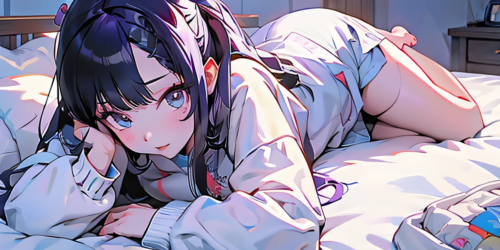 1 girl, long purple hair, blue eyes, wearing hoodie, on bed, high res, ultrasharp, 8K, masterpiece, prone lying