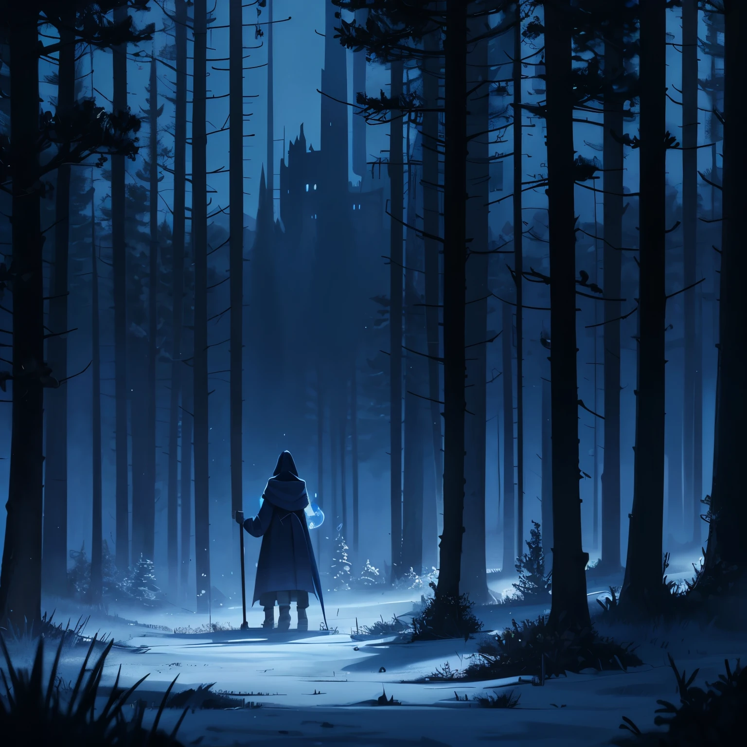 Hooded witch distant view in left corner, with Staff in one hand up, with a kind of magical power in the staff. Put lots of dead werewolves on the ground, queimados. Scenery on a flat terrain, with few trees with dry branches. night time. Totally bluish and dark lighting. Very distant view of the entire scene.
