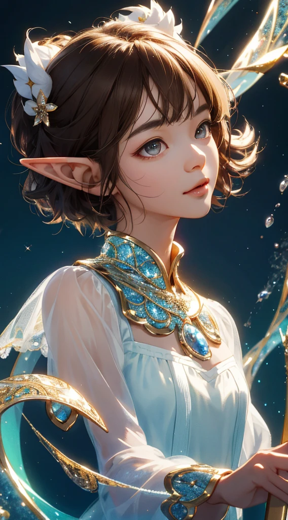 Cute  elf girl，short fluffy brown hair, beautiful hazel eyes, beautiful face，fanciful，rich colourful，Fashionab，复杂，Twinkle dazzlingly，glittery，dynamic angle，High sensitivity，tmasterpiece，8k wallpaper，Best quality，perfect surrealcomposition，glittery，Beautiful 3D rendering，Delicate details，Hyper-Resolution，accuracy，detail render，（highest quality）（Master masterpieces）（High degree of completion）（a sense of atmosphere）tmasterpiece，ultra - detailed （half-body portrait）