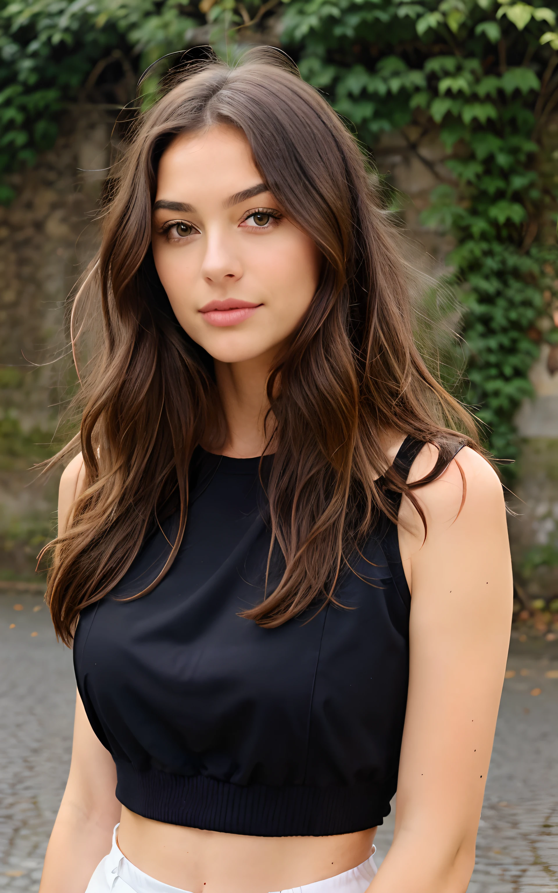 1 mujer, Cabello ondulado largo, dark brown eyes, naturaleza, arriba, Falda corta, La calle, Italia