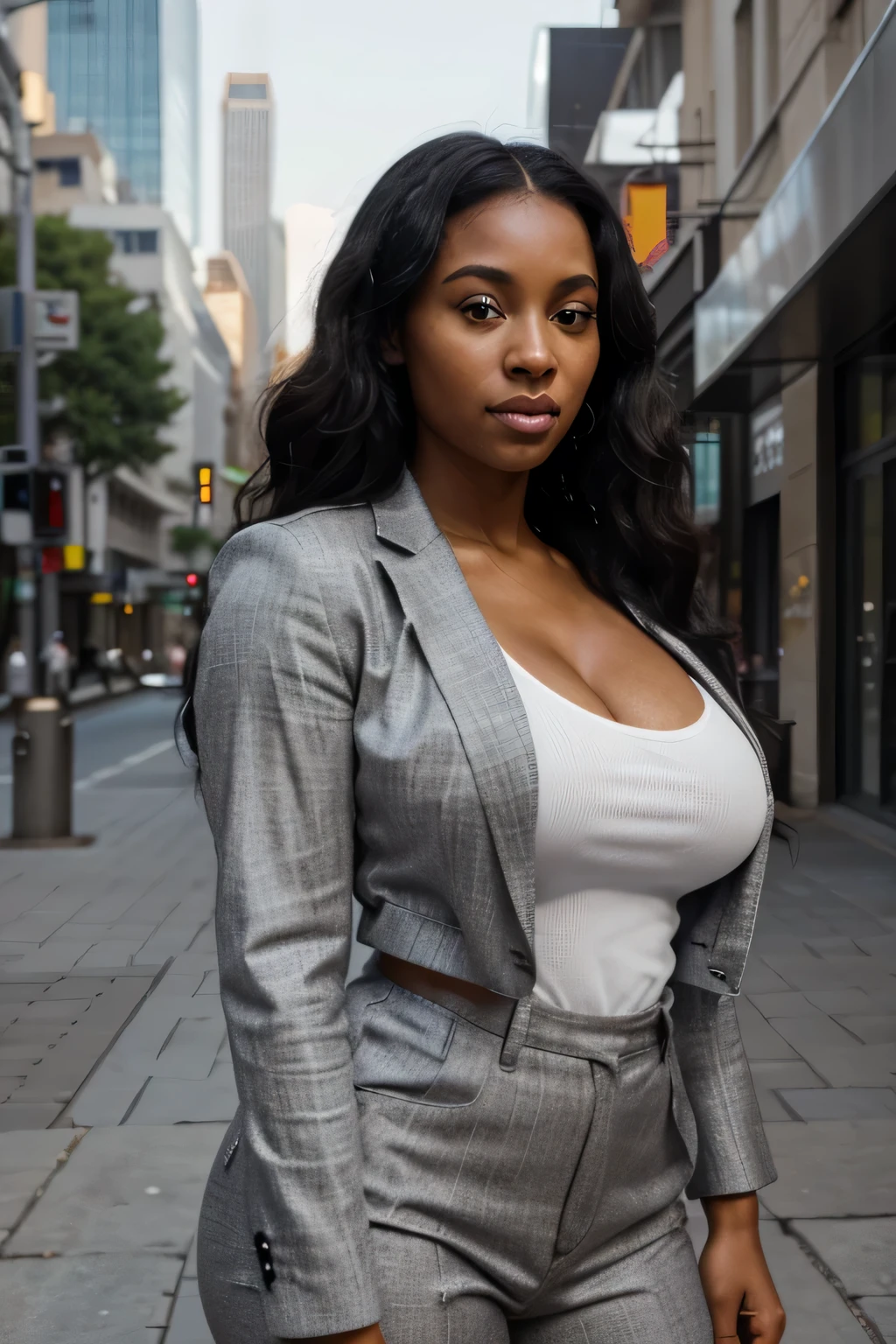Erstellen Sie eine hyperrealistische, photorealistic photo of 30 year old black woman, Emphasizing her detailed and perfect facial features, hat lange, slightly curly black hair and striking gray-hazel eyes. kleine Nase, kurvig, Very big tits, Brustgröße (Cup size 90K). capturing the essence of her beauty and maturity, characteristic of a 30 year old black MILF. Der Stil sollte hochwertig sein, Kunstrealismus, Jedes Detail wird erfasst, um eine lebensechte und authentische Darstellung zu vermitteln. She wears an elegant, tailored white blazer with black trim, gepaart mit einer taillierten schwarzen Hose. Standing on a busy street corner in the city, Skyscrapers tower above it, She leans casually against a modern art sculpture, ihr Blick selbstbewusst und direkt.