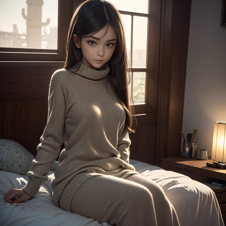 a girl in a sweater, das auf einem Bett sitzt, a digital painting by Atey Ghailan, digitale Kunst, Portrait of a cute girl, Portrait of a Madison Beer girl, enchanting digital painting Highly detailed film art, extremes Detail, bestview, hochdetaillierte Grafiken, hyperdetailliert, filmisch, 8k, lebendige, vibrierende Farben, Beleuchtungsshader filmischer Stil, beautiful lighting, dynamische Beleuchtung, Foto aufgenommen mit Nikon D750, kompliziert, szenisch