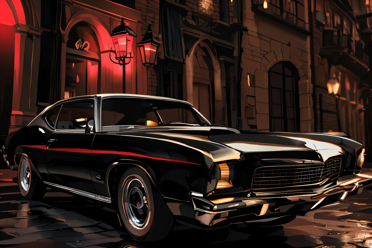 there is a Black car parked on a cobblestone street, Ford Mustang 355, Classic carss, muscle car, looks majestic and, Black car, Kodachrome : : 8k, Classic cars, highly detailed hyper real retro, Classic carss, hd elegant, car photography, beautiful high resolution, elegant realism, dark interior, Mike Savard’s style”