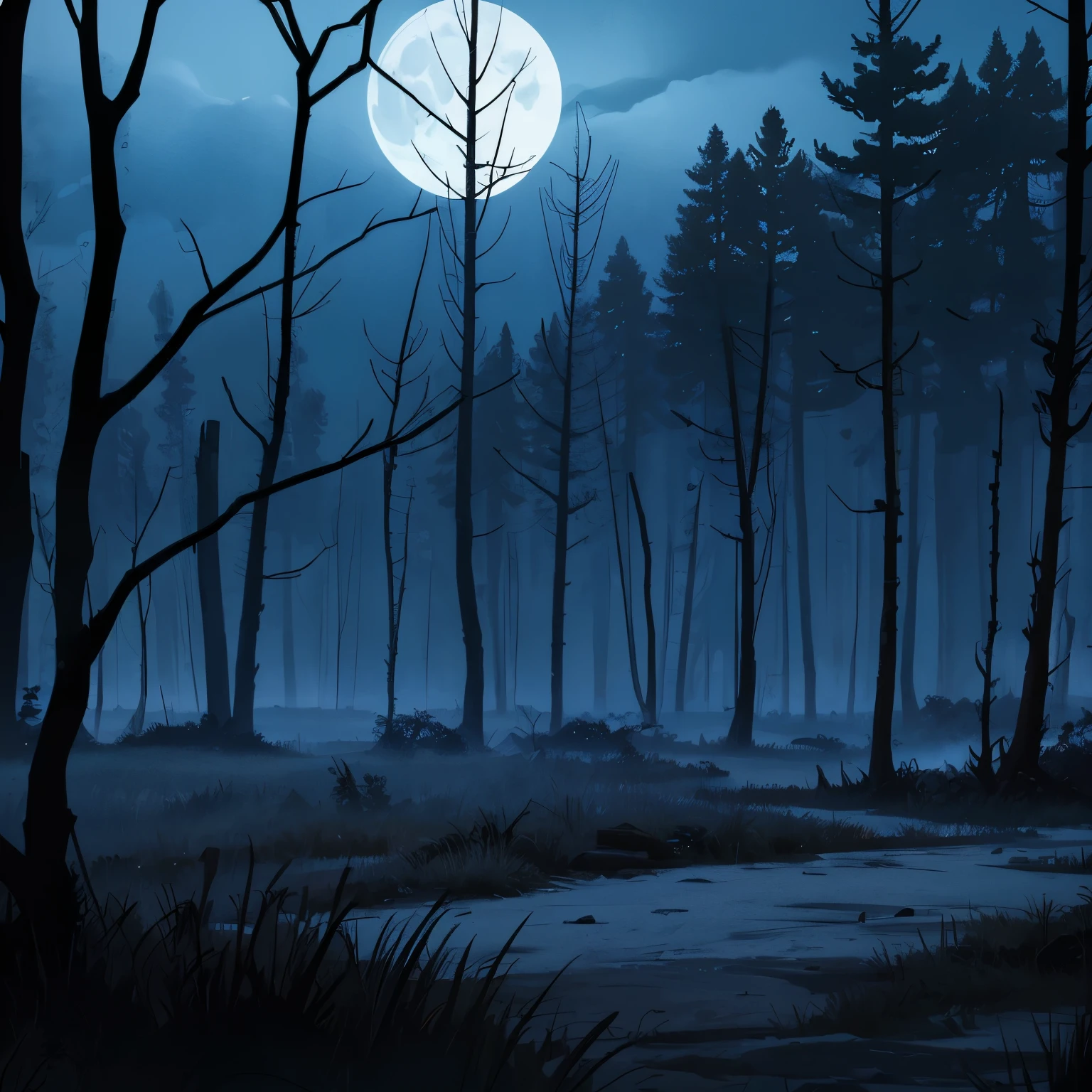 Ataque de uma bruxa encapuzada, com poder saindo do cajado, killing many Werewolf warriors dead on the ground. Scenery on a flat terrain, with few trees with dry branches. night time. Totally bluish and dark lighting. Very distant view of the entire scene.