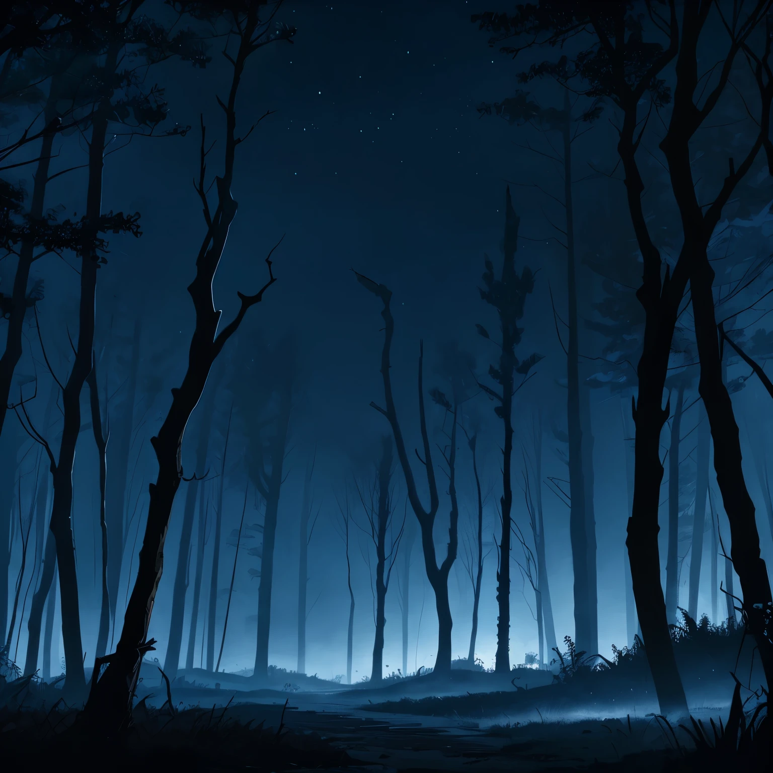 Ataque de uma bruxa encapuzada, com poder saindo do cajado, killing many Werewolf warriors dead on the ground. Scenery on a flat terrain, with few trees with dry branches. night time. Totally bluish and dark lighting. Very distant view of the entire scene.