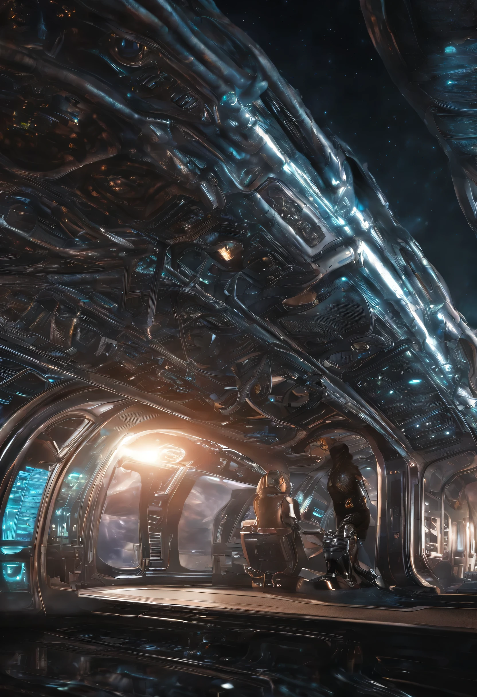 train to space, Van Terchall, A translucent ethereal alien,It has refined features in a sci-fi environment, glowing from within, Sparks and lights, Moonlight, Moon, Close-up, Realistic, Highly detailed, Intricate