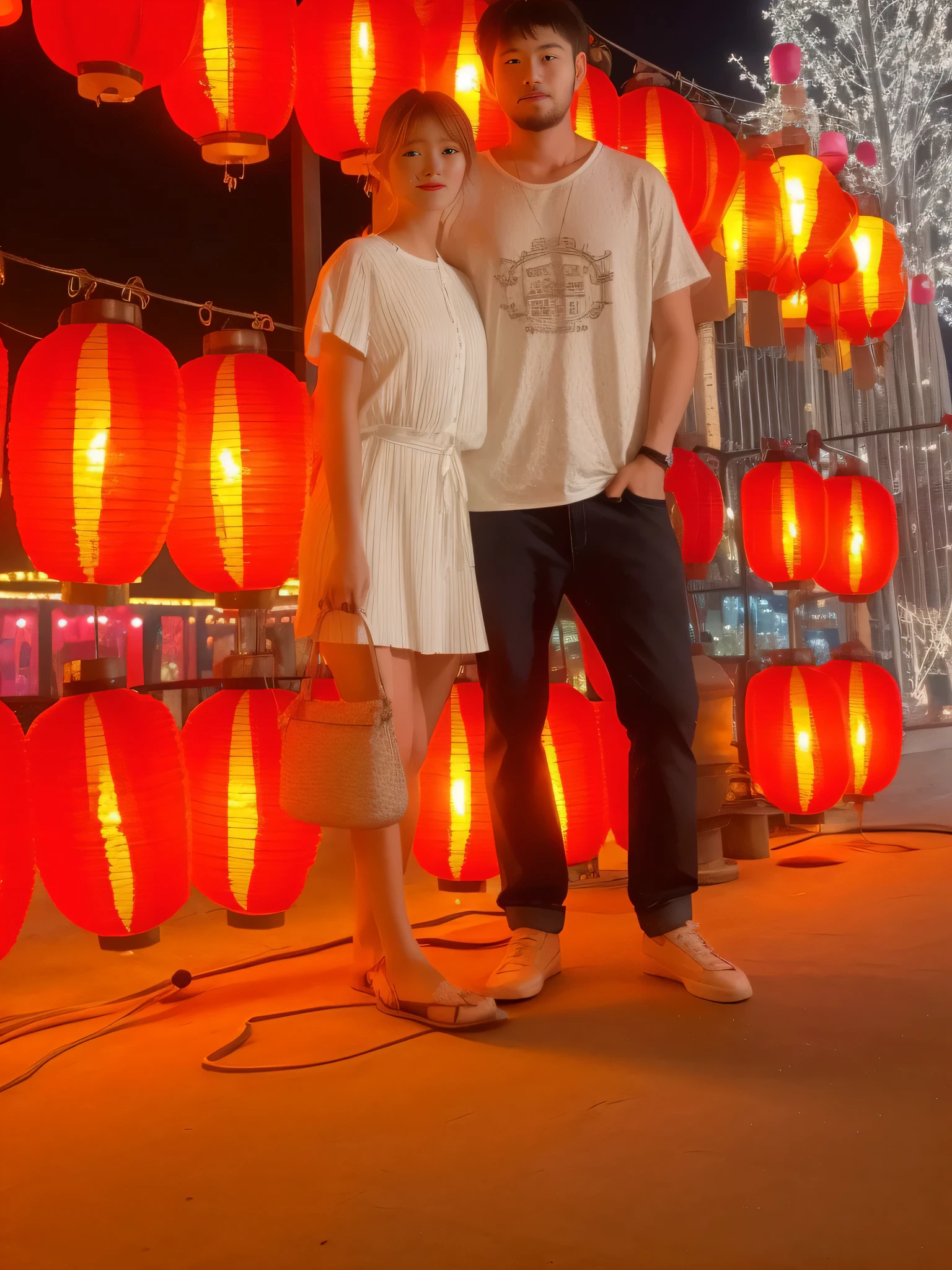 Two people stood in front of a large lantern.., with paper lanterns, with a chinese temple, Very low quality pictures, holiday photos, The street lights are shining, At Future Neon Light Rooftop, 🤬 🤮 💕 🎀, cute couple, Neon light in the background, Neon light in the background, With neon lights