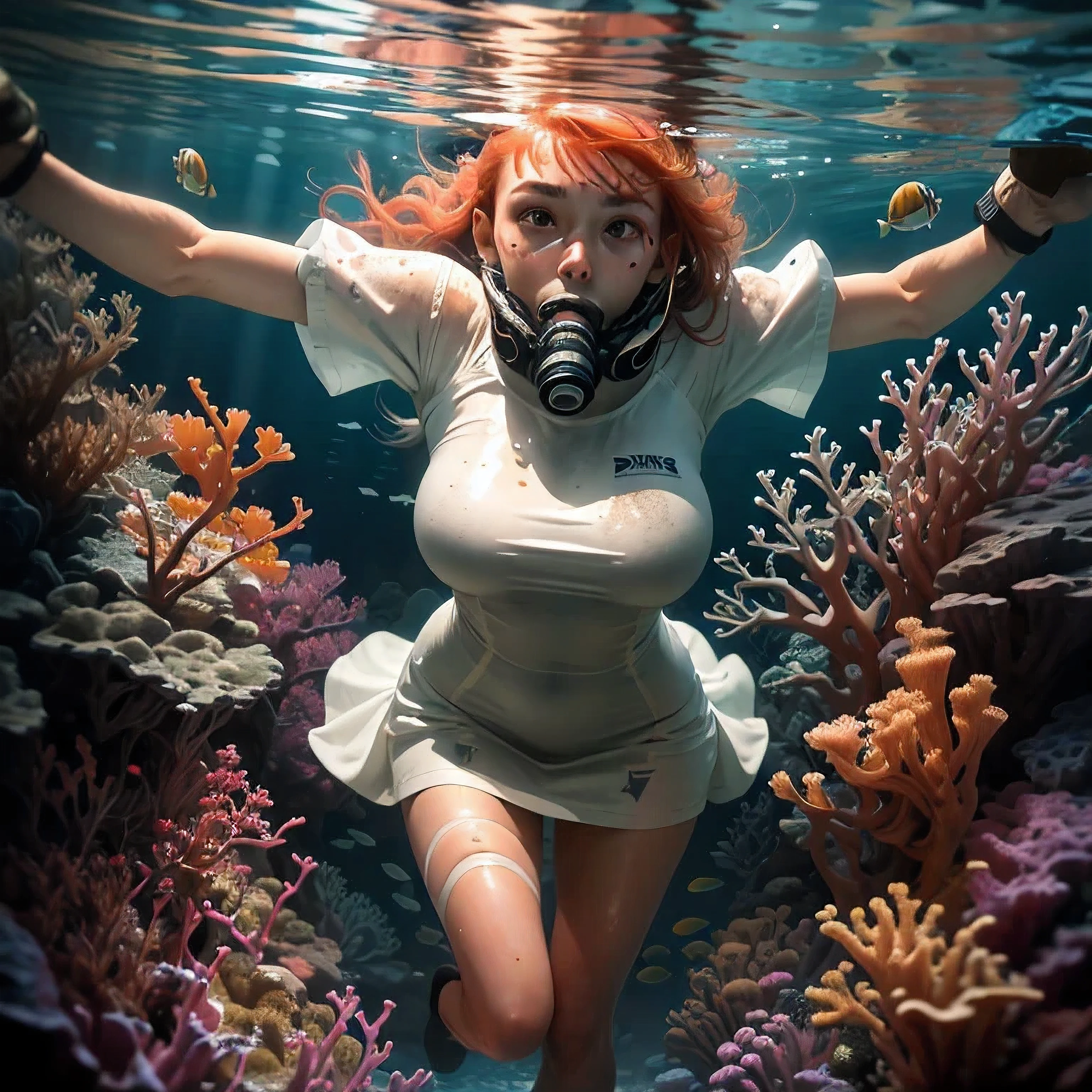 (Masterpiece, Best Quality:1.3), highres, (8k resolution), (ultra-detailed:1.1), madgod, stop motion, very nice redhead girl with enormous visible naked breasts, dives at 15 meters deep and plays with her underwater scanner machine to scan the bottom of the sea underwater of the ocean with loads of coral around her. She is wearing a white, very short dress that shines through underwater. she is wearing divers gear to stay underwater. photorealistic 1.4, naughty 1.4, dirty 1.2