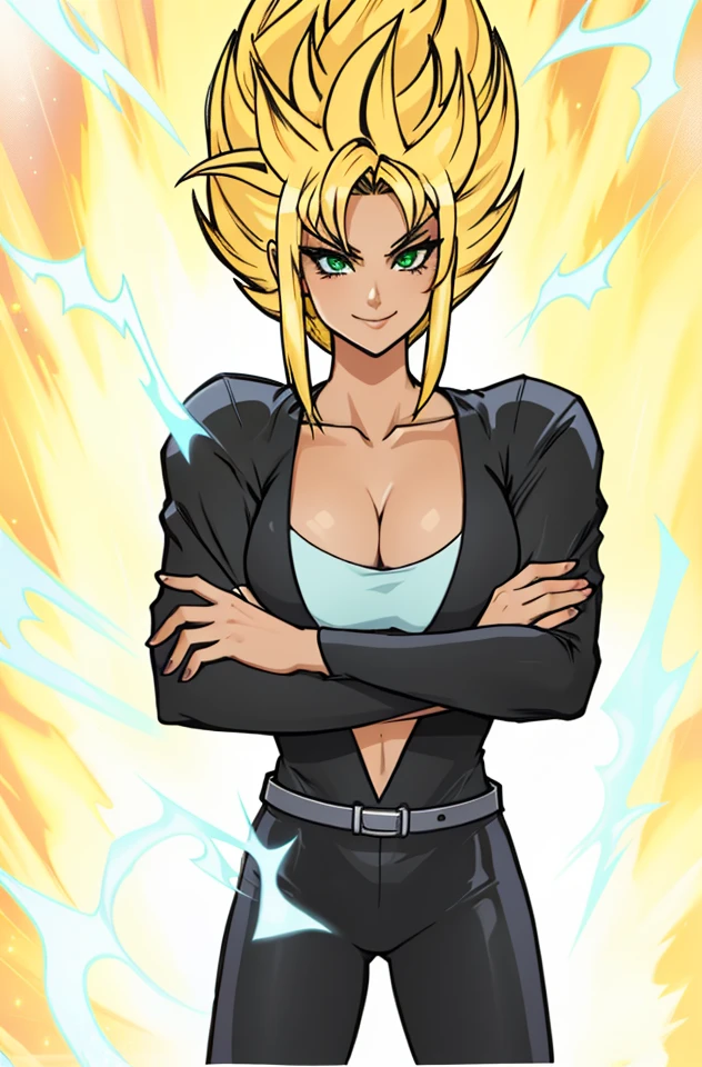 woman with black outfit, super saiyan girl, badass pose, she has aura coming out of her body with sparkles around her, confident smile, going super saiyan, power pose, black vest, cleavage, blue sport bra, silver belt with buckle, black panties, arms crossed, in front of the camera, looking at the viewer, green eyes, blonde hairs