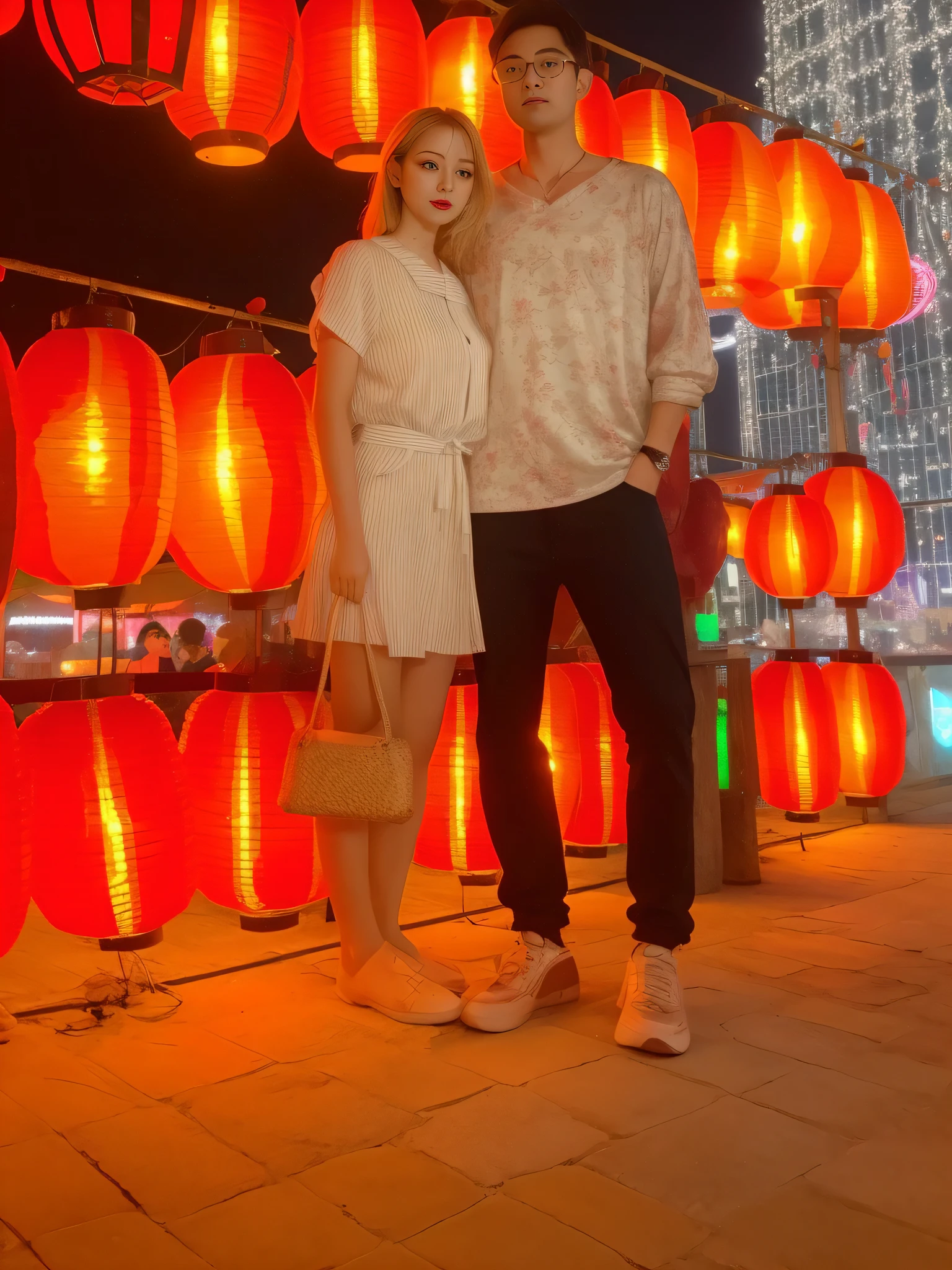 Two people stood in front of a large lantern.., with paper lanterns, with a chinese temple, Very low quality pictures, holiday photos, The street lights are shining, At Future Neon Light Rooftop, 🤬 🤮 💕 🎀, cute couple, Neon light in the background, Neon light in the background, With neon lights