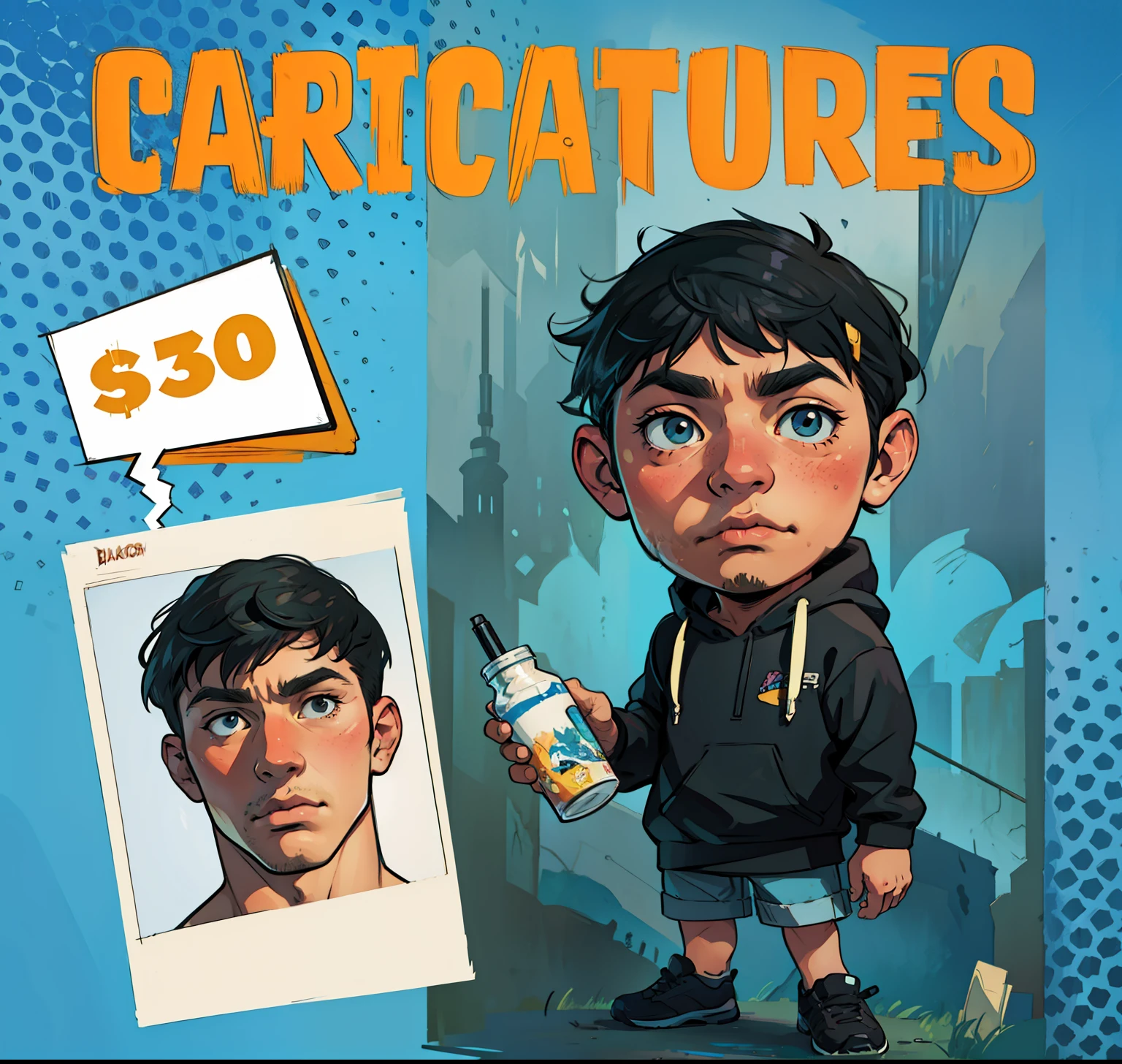 Ilustracion, men, realistic style, blackgroud comic style.
