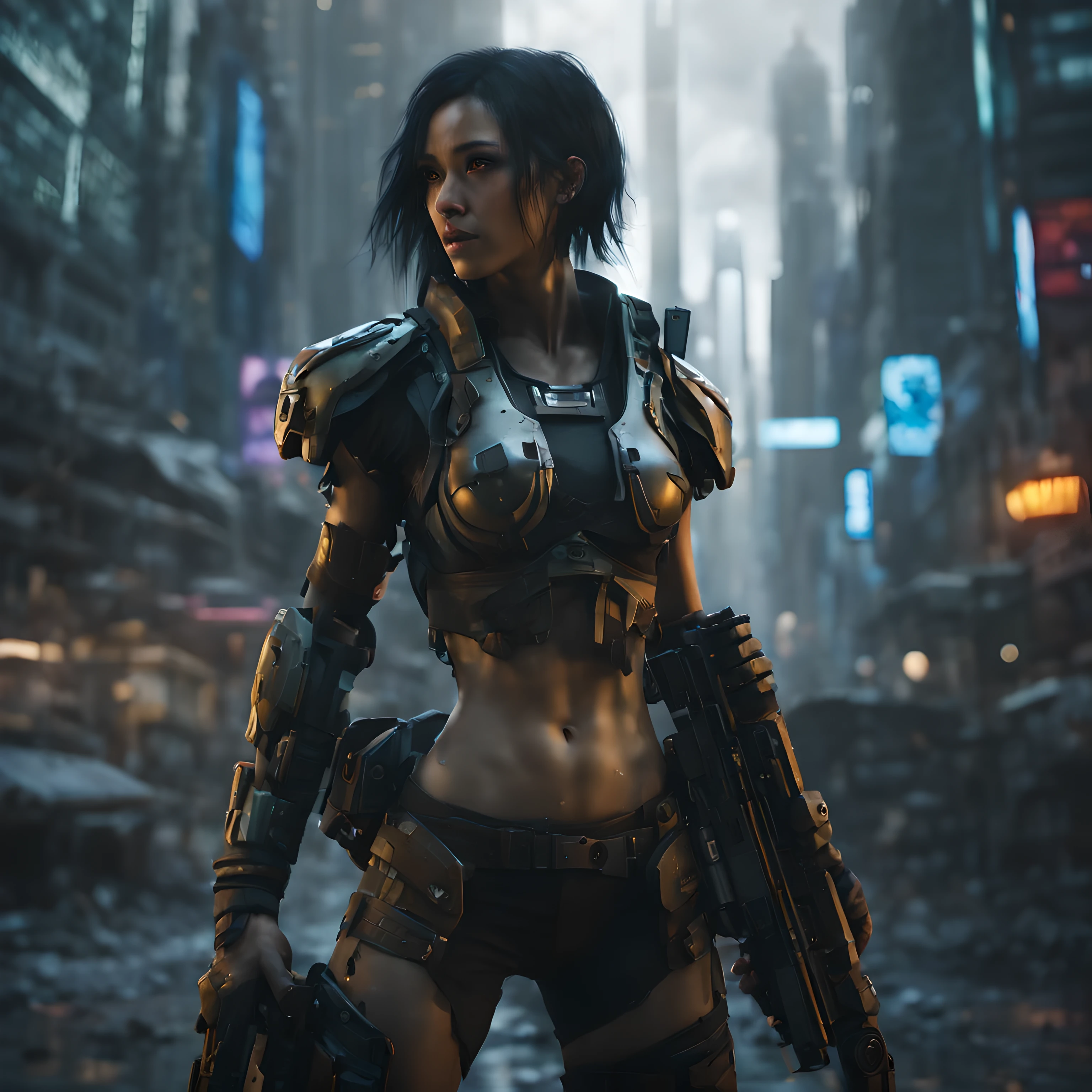 Create a breathtaking CG Unity 16K wallpaper that unfolds the story of "Avatar Evolution: Cybernetic Vanguard" in a dystopian cyberpunk future. Achieve extreme detail through a 16K resolution, grounding the composition in raw photography for a realistic foundation (1.2), and elevating the realism with professional photos for photorealistic elements (1.3). Infuse cinematic lighting to craft a dramatic atmosphere, utilizing depth of field and sharp focus for visual impact. Dive into the cyberpunk theme (1.4) as you portray the evolution of a female soldier-cyborg in a dynamic cowboy shot (front view: 1.5). Express determination with an expressionless face, intricately detailing features like short black hair, oil-tanned skin, and bright, dark eyes. Illustrate the character's progression from human to cyborg, taking cover and skillfully wielding a large blaster rifle (1.5). Clothe the avatar in a camouflaged combat uniform (1.4), combining it with armored and partially mechanical body parts (1.3) while maintaining a slender build with medium-sized breasts (1.3). Situate the scene outdoors in the evening within a futuristic cityscape marked by destroyed buildings and ruins (1.4), ensuring the environment mirrors the character's evolution and reflects the harsh realities of a cyberpunk world. This composition aims to be an epitome of creativity, seamlessly blending realism, cinematic style, and a captivating narrative of a cybernetic vanguard's transformation.