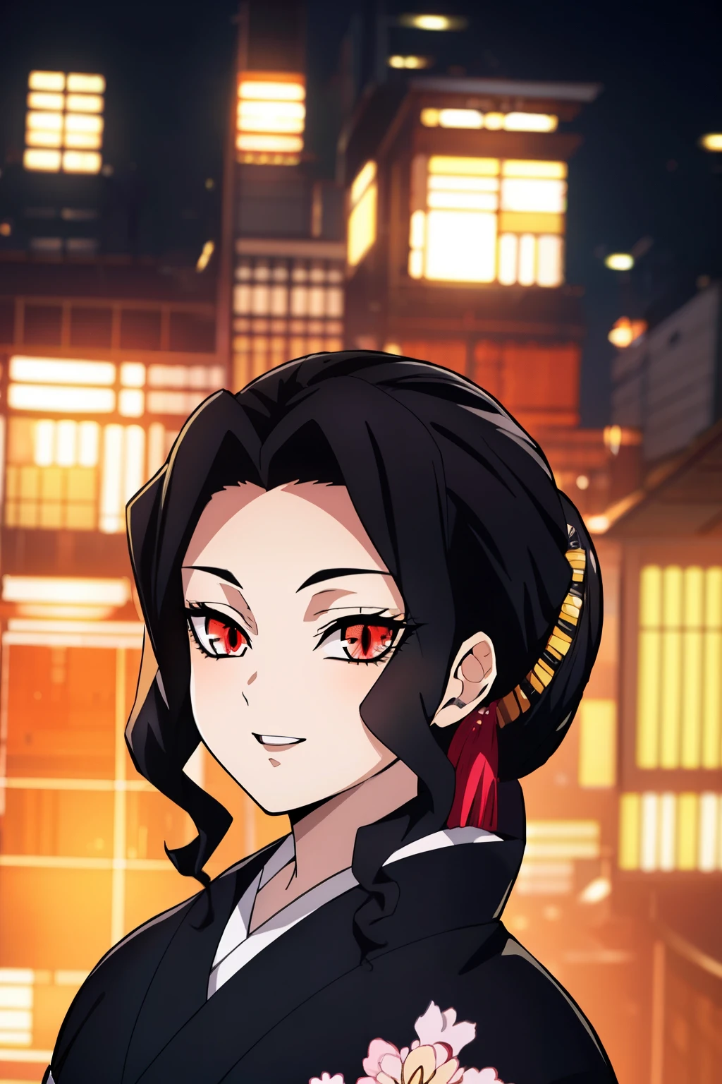 masterpiece, highest quality, ultra high resolution, highest quality, anime style, best writing, beautiful face, (black kimono:1.3), 1 female, beautiful face, beautiful kimono, black hair, beautiful makeup, Upper body, red eyes, Cat pupil, City of night, best smile