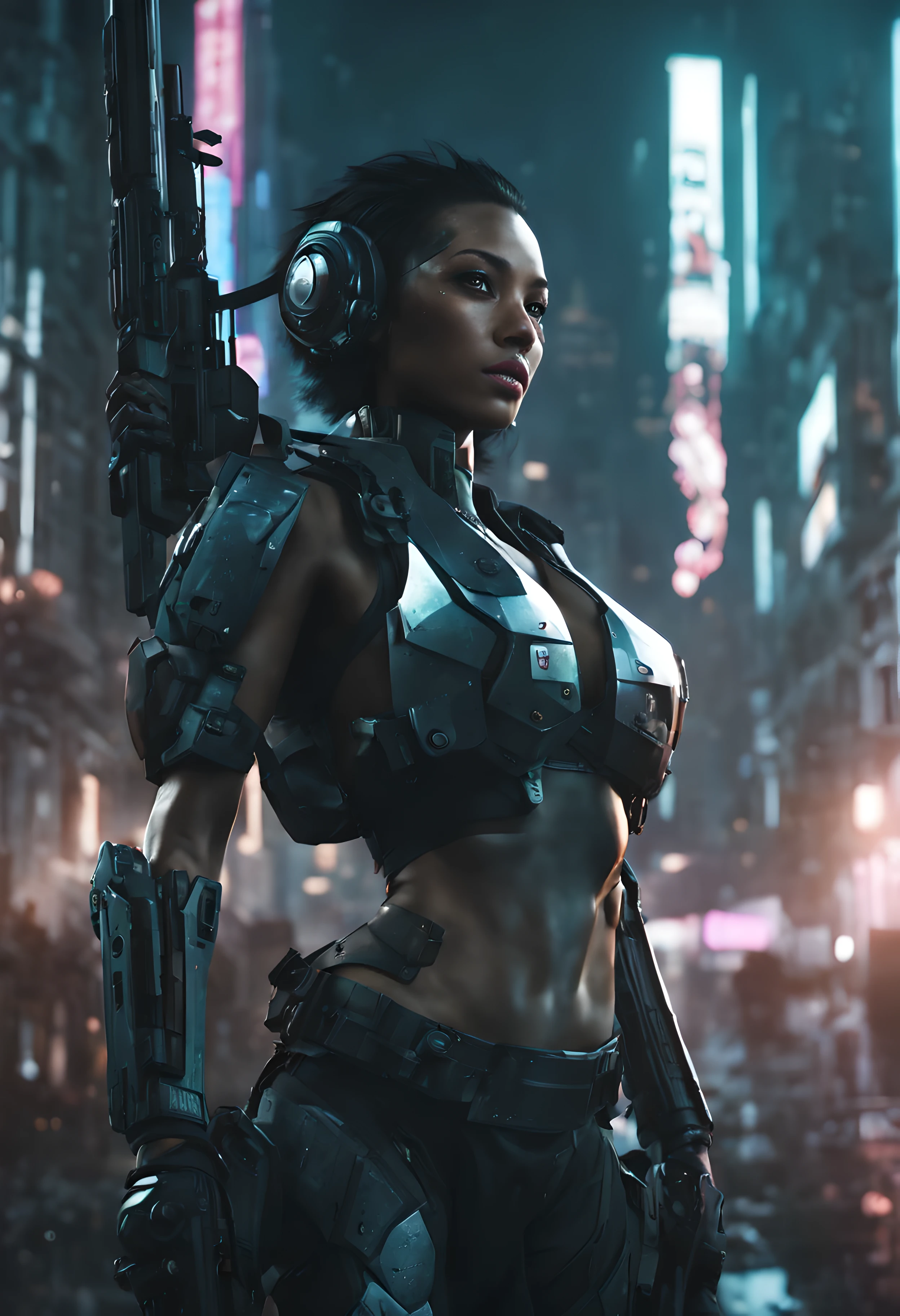 uma belissima mulher ciborgue cyberpunk, olhos azuis, calelo curto, corpo humano, mechanic legs, mechanical arms, em uma cidade furista, 8k  ultra detalhado e realista