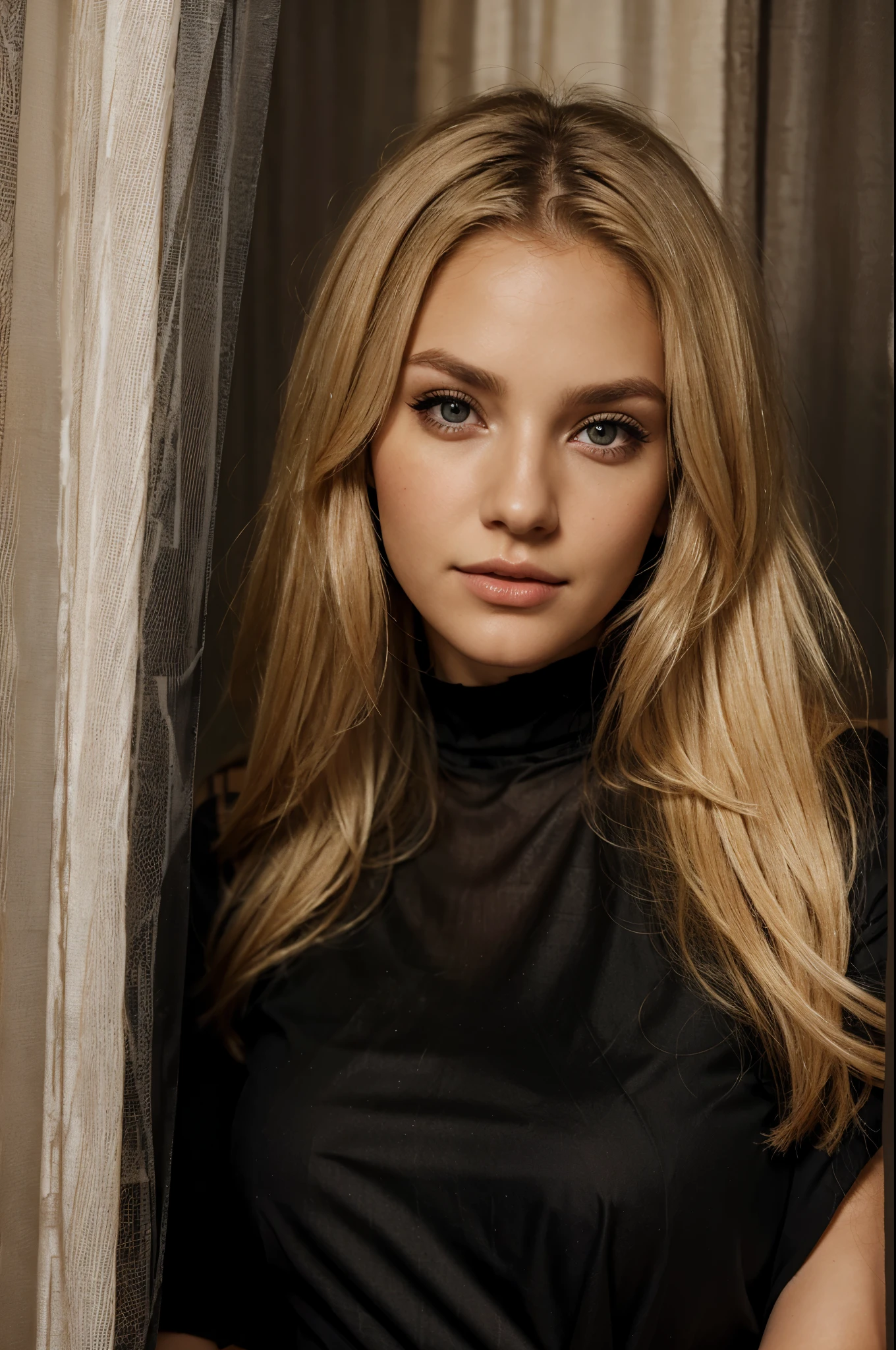 a blonde woman, wearing black outfit, brown eyes, beautiful eyes, medium blonde hairs, posing infront of curtains , realistic skin texture, realistic photography