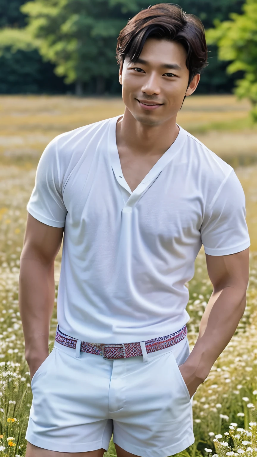 korean men, Gong Yoo, Age is 18 years., blue eyes, Slightly brown hair. A man with a handsome face,handsome,Good body, big muscles......,Wear white shorts..., shirtless...,Take off your shirt.......,Like a real person Like a real person.. walking on grass, flower field. morning sun,Male, 18 years old, humans like it......, realistic, realistic, 50K high resolution photos from a Canon camera