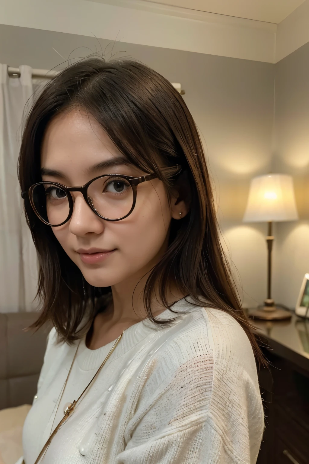 Japanese girl in casual clothes in noite hotel room、olhando para o espectador、(Mais alta qualidade、obra de arte)))、high resolution、muito detalhado、obra de arte、film lighting、(8k、Mais alta qualidade、obra de arte:1.2)、(realista、fotorreal:1.37) high resolution、super detalhado、Woman wearing glasses、thin-frame round glasses、light colored eyeglass frames、Asian, Bonitinho, Cute, Sozinho, cabelo curto 1.2, rough skin, lindo sorriso, Beautifully detailed noite sky, detailed noite scenery, film lighting, Profundidade dos limites escritos, luz de reflexo de lente、sentado na cama、data、(corar o nariz)、(risada:1.15)、(fechou a boca)seios pequenos、Olhos lindos e delicados、(sweater:1.1)、noite、(cabelo curto:1.2)、cabelo flutuante estilo nova sapo、