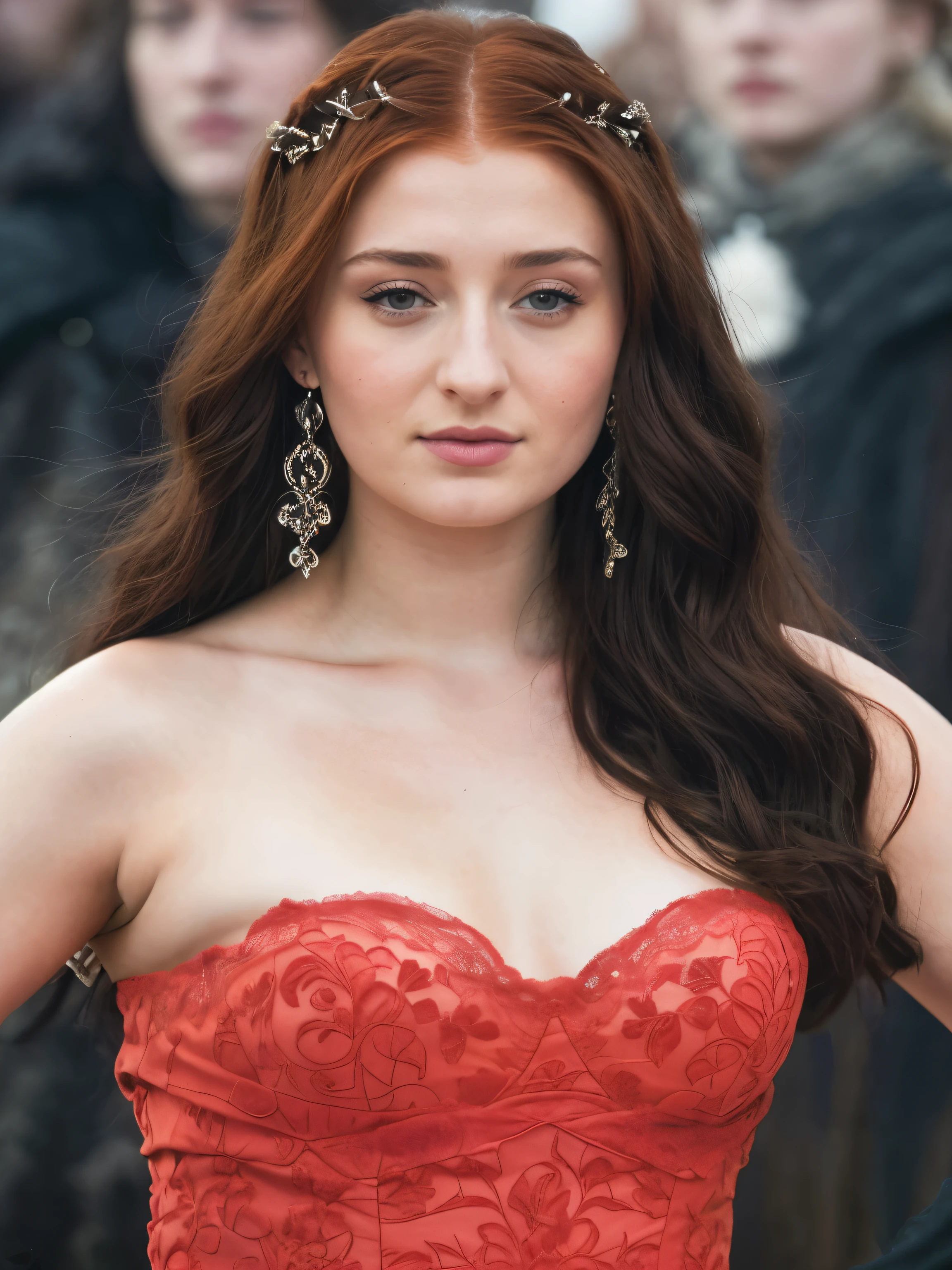 Foto RAW, Sansa Stark PLAYED BY SOPHIE TURNER Ned and Cat's oldest daughter. Demure and ladylike, her dream  to marry Prince Joffrey. Her direwolf  named Lady , Game of Thrones Series, (pele altamente detalhada: 1.2), 8k UHD, DSLR, soft-lighting, alta qualidade, grain of film, Fujifilm XT3