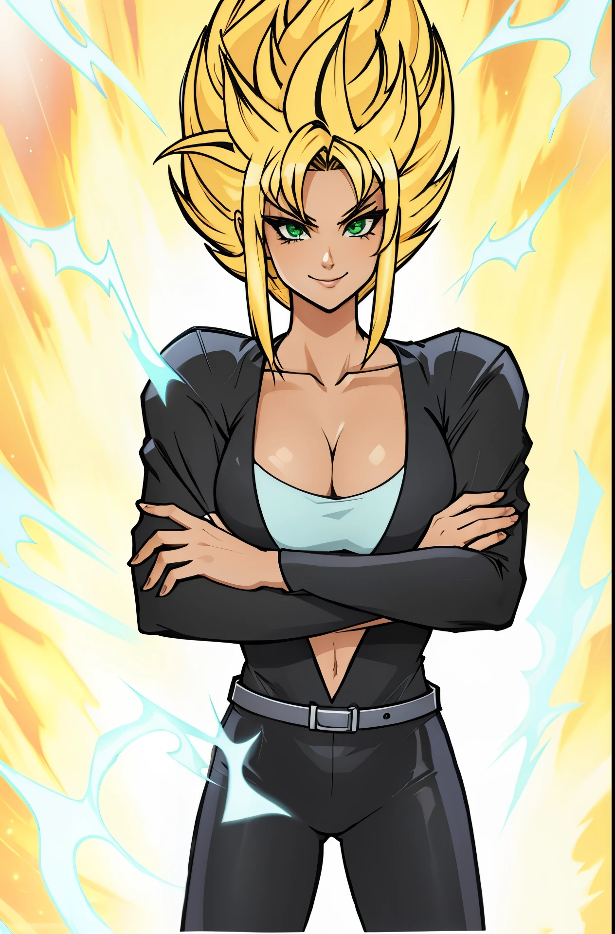 woman with black outfit, super saiyan girl, badass pose, she has aura coming out of her body with sparkles around her, confident smile, going super saiyan, power pose, black vest, cleavage, blue sport bra, silver belt with buckle, black panties, arms crossed, in front of the camera, looking at the viewer, green eyes, blonde hairs