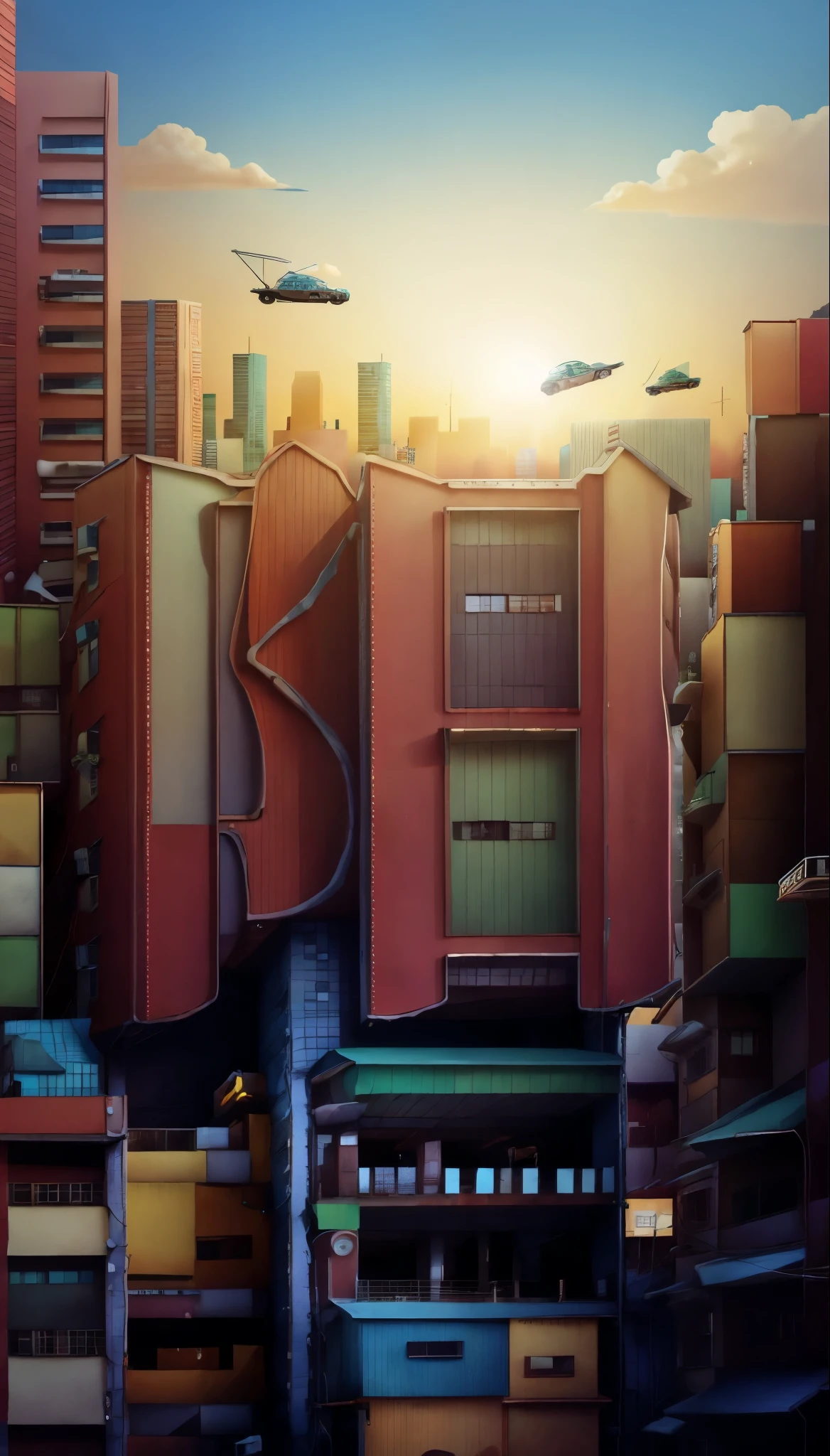 3D city scenes include low-cost buildings and cars, Playful cartoon illustration style, Soft edges and blurry details, Cartel core, Cute and dreamy, Data Mosh, Animated shapes, Well-designed,intricate details