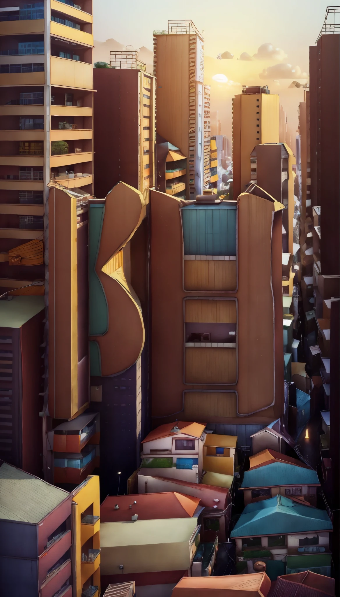3D city scenes include low-cost buildings and cars, Playful cartoon illustration style, Soft edges and blurry details, Cartel core, Cute and dreamy, Data Mosh, Animated shapes, Well-designed,intricate details
