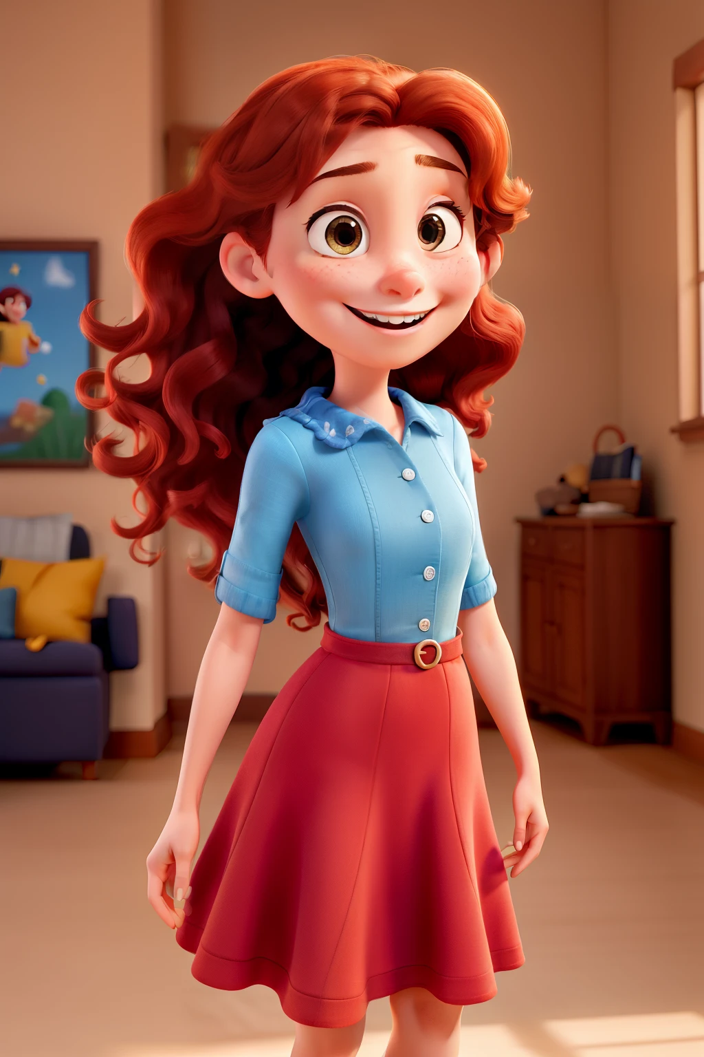 A young woman of 30 years, in the Pixar style, with vibrant, expressive features and a cheerful expression. She wears a stylish dress that complements her slender figure and her long, wavy auburn hair cascades down her back in soft curls. With a bright smile, she raises her hand to wave, exuding confidence and joy. This magnificent image of a youthful and radiant Pixar character is truly a masterpiece of the best quality.