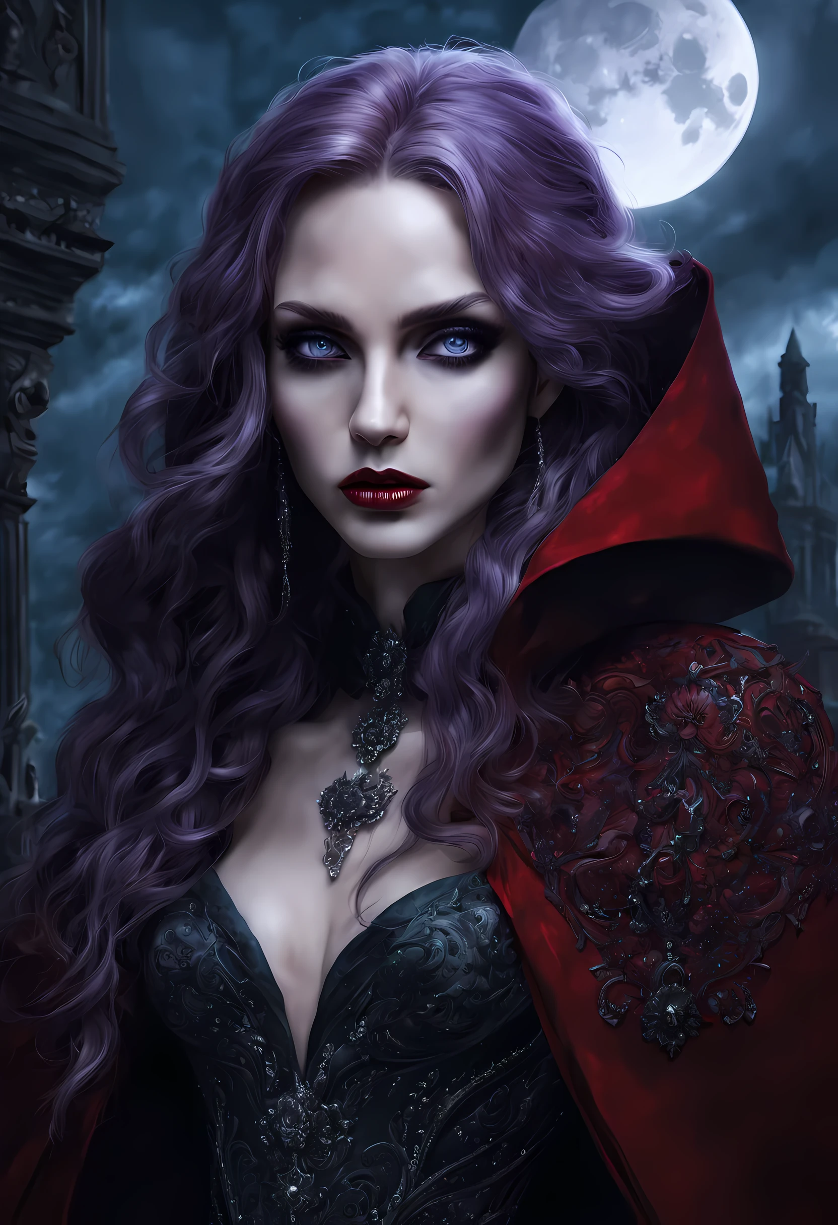 fantasy art, gothic art, (masterpiece:1.5), full body best details, highly detailed, best quality, Glowing Purple, highres, full body portrait of a vampire, elf (Masterpiece, best quality: 1.6), ultra feminine, wizard, (intricate details, Masterpiece, best quality: 1.5) with a long curvy hair, light color hair, blue eyes, (fantasy art, Masterpiece, best quality), ((beautiful delicate face)), Ultra Detailed Face (intricate details, fantasy art, Masterpiece, best quality: 1.5), [[vampiric fangs 1.5]] (red cloak: 1.3) , flowing cloak (intricate details, fantasy art, Masterpiece, best quality: 1.3), wearing an intricate black dress (intricate details, fantasy art, Masterpiece, best quality: 1.5), high heeled boots, urban background (intense details, beat details), fantasy, at night light, natural ,moon light, clouds, gothic atmosphere, soft light, dynamic light, [[anatomically correct]], high details, best quality, 8k, [ultra detailed], masterpiece, best quality, (extremely detailed), dynamic angle