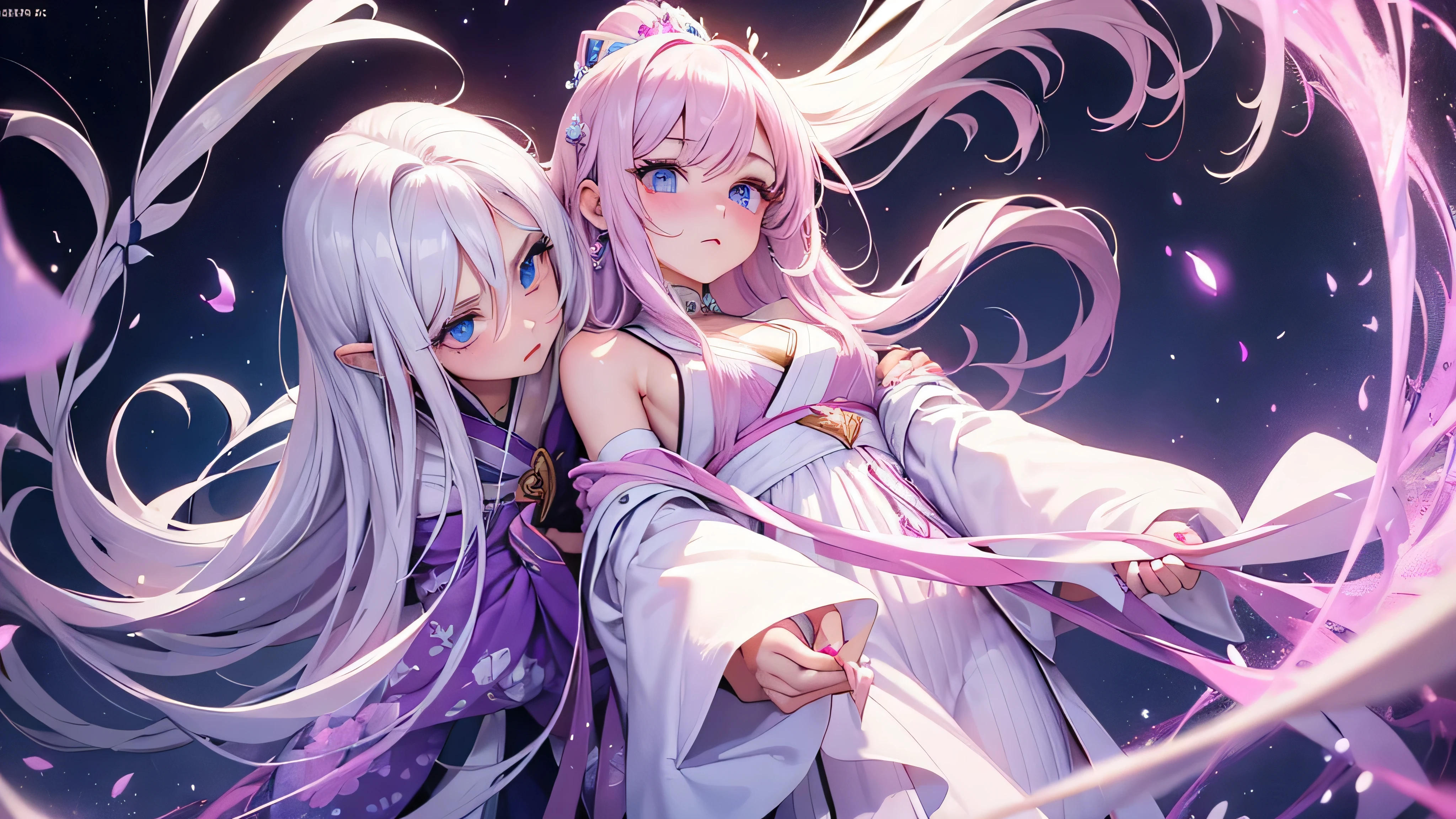 Leauge of legends, lux, white long hair, blue eyes, long eyelash, big eyes, cute face, pretty face, pink blush, pretty white shine dress, long purple nails, standing in japan
