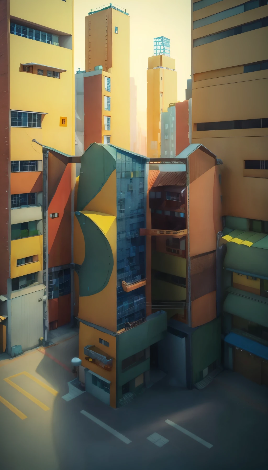 3D city scenes include low-cost buildings and cars, Playful cartoon illustration style, Soft edges and blurry details, Cartel core, Cute and dreamy, Data Mosh, Animated shapes, Well-designed，intricate details