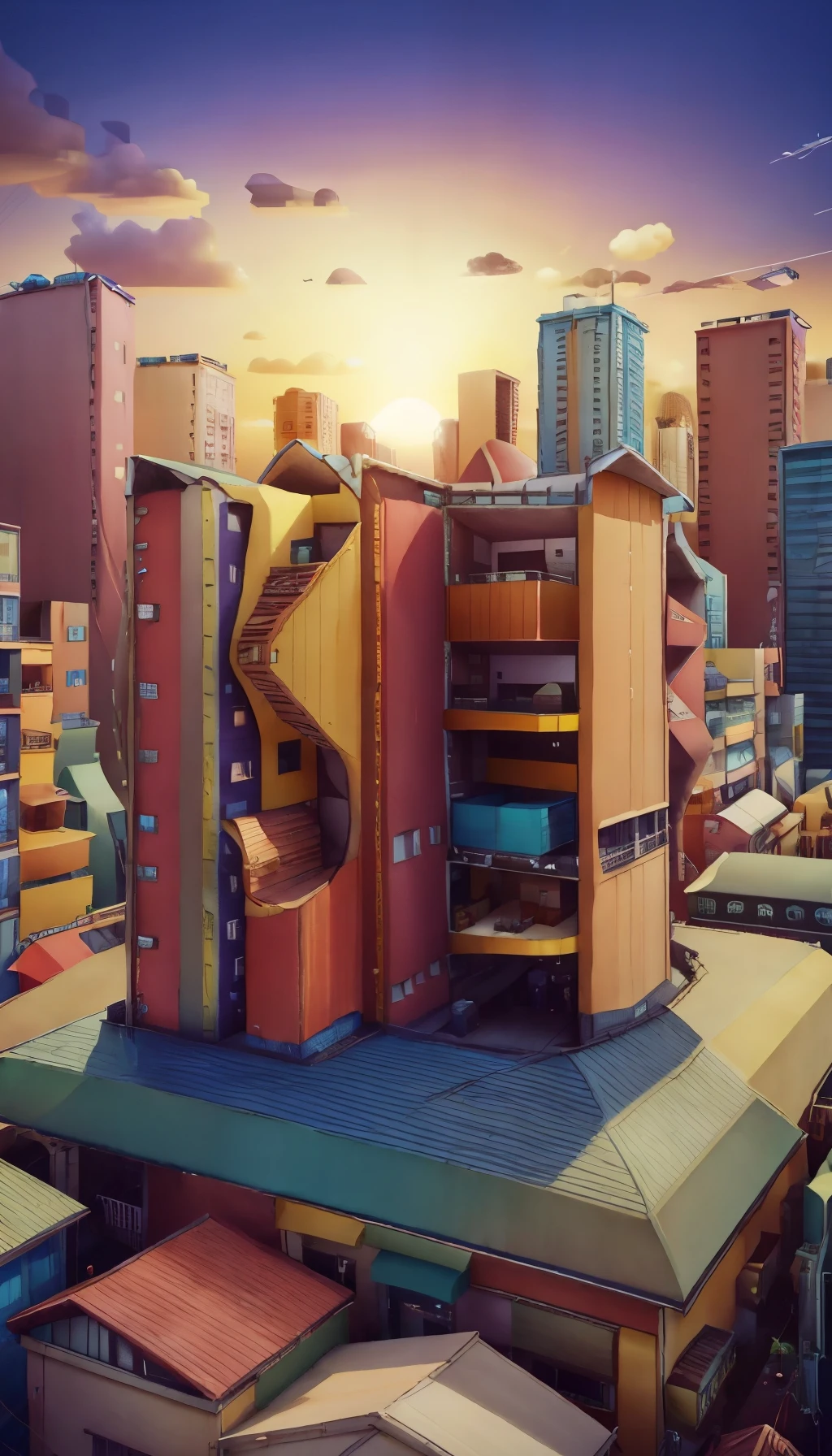 3D city scenes include low-cost buildings and cars, Playful cartoon illustration style, Soft edges and blurry details, Cartel core, Cute and dreamy, Data Mosh, Animated shapes, Well-designed,intricate details