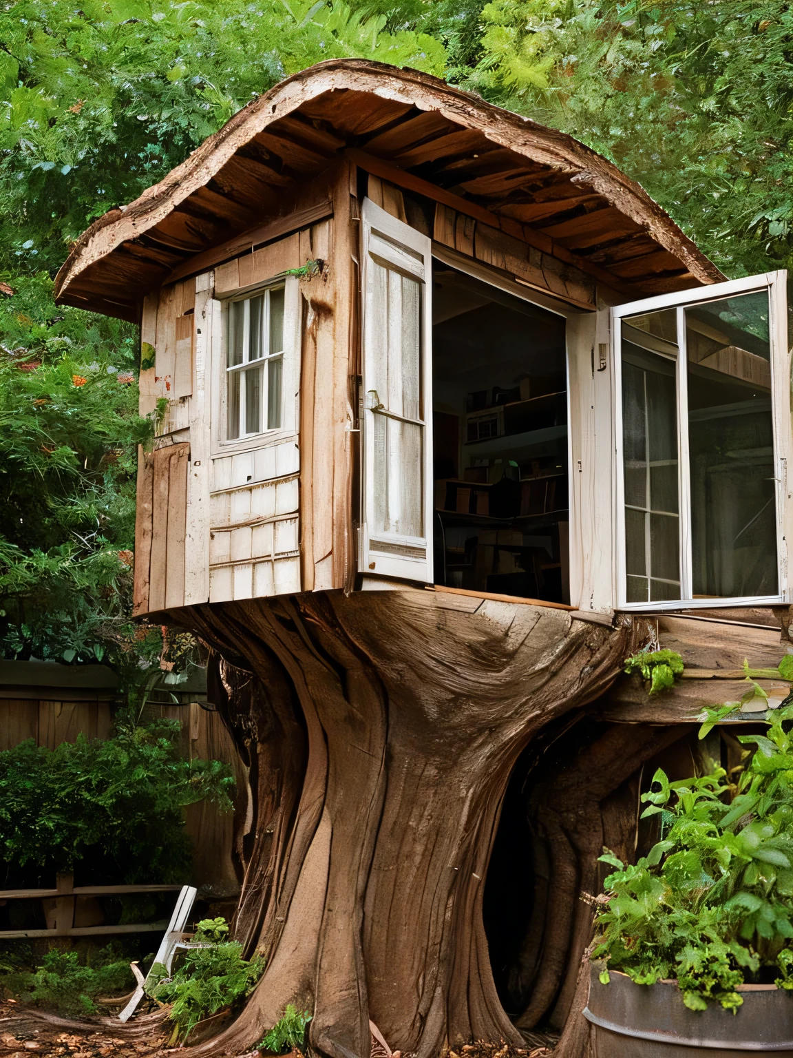 A tree stump that serves as an unusual abode, with small barely visible houses attached to its worn surface. The structure had a balcony that protruded precariously from its gnarled frame., ofreciendo un estrecho punto de vista para sus habitantes. Tiny windows, protegido por contraventanas desgastadas por el tiempo, peeped out from the worn trunk of the stump. gente, no bigger than figures, They went about their daily routines within the confines of this arboreal community.