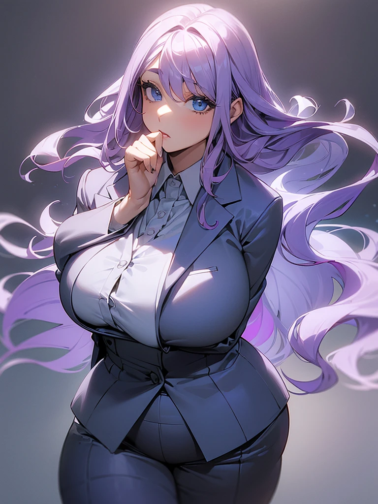 (((Alone woman))),(((Light Purple Wavy Hair))),(((blue eyes))),((curvy body)),(((Wearing a suit)))