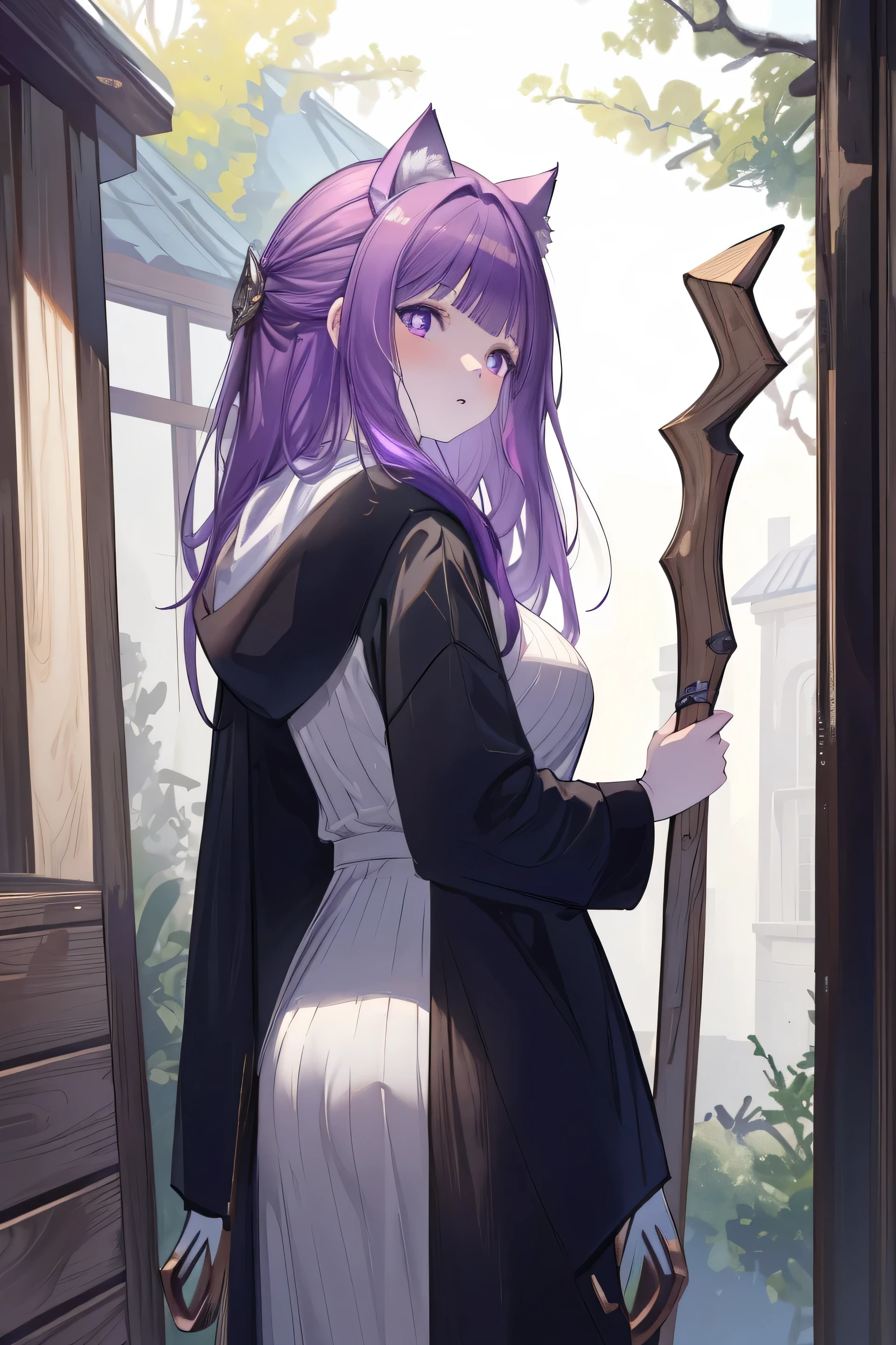 ((masterpiece, highest quality, 8K, High resolution:1.3)), 1 girl, Cat ear, white skin, medium breasts, pointed chest, purple hair, fantasy, grumpy, think back, Wooden magic wand,