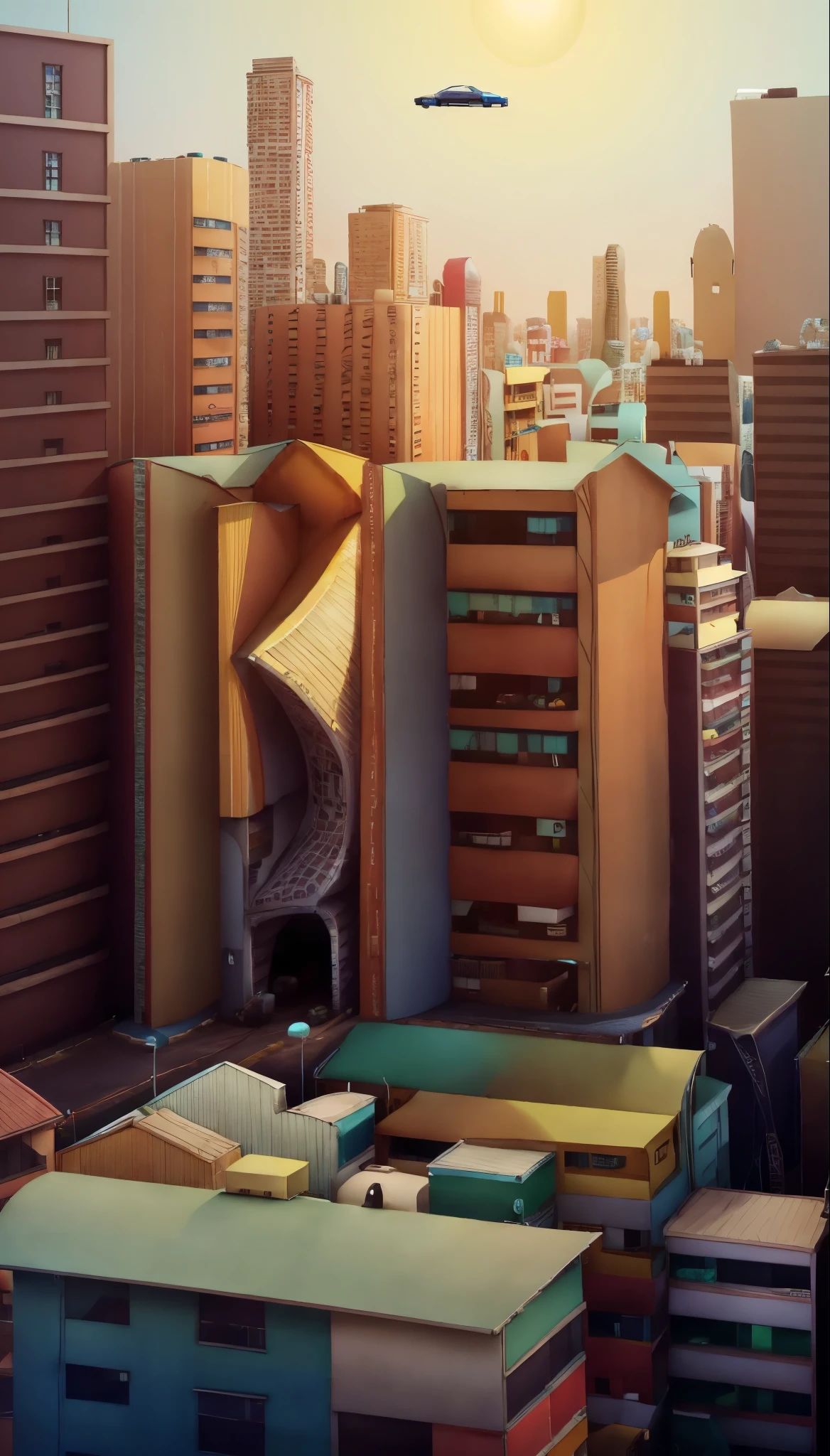 3D city scenes include low-cost buildings and cars, Playful cartoon illustration style, Soft edges and blurry details, Cartel core, Cute and dreamy, Data Mosh, Animated shapes, Well-designed